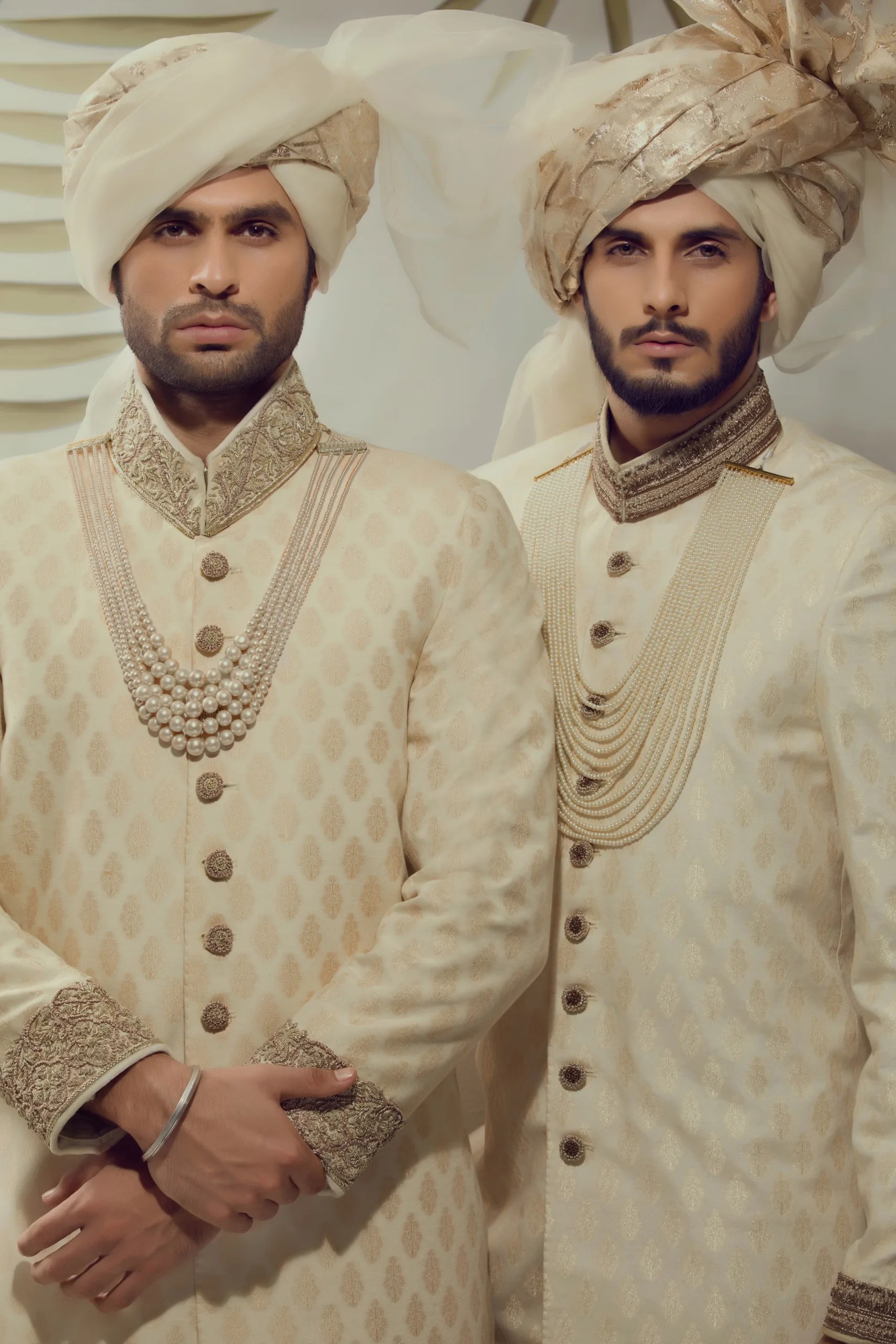 Ivory Gold Embroidered Silk-Blend Groom Sherwani (3-Piece) - Image 3