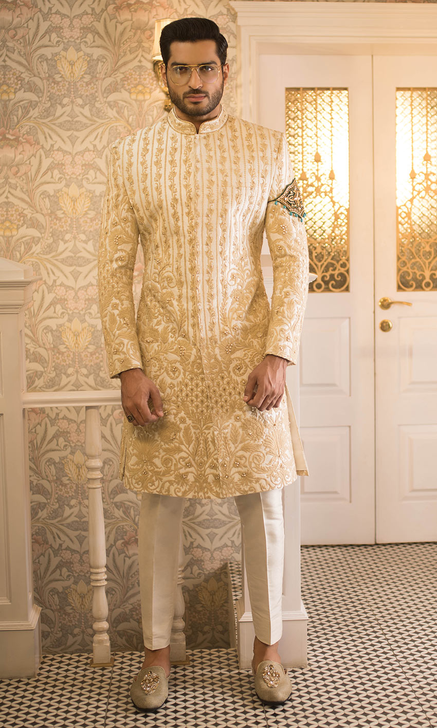 Ivory Gold Embroidered Silk-Blend Groom Sherwani (2-Piece) - Image 1