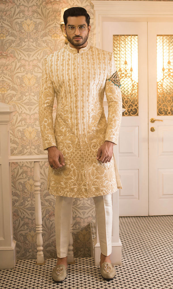 Ivory Gold Embroidered Silk-Blend Groom Sherwani (2-Piece) - Image 2