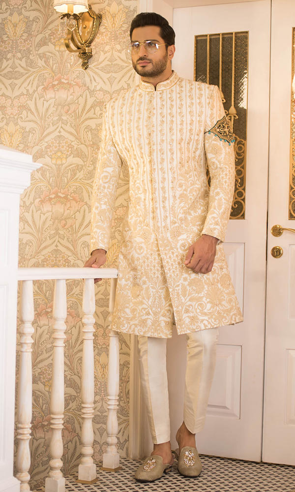 Ivory Gold Embroidered Silk-Blend Groom Sherwani (2-Piece) - Image 3