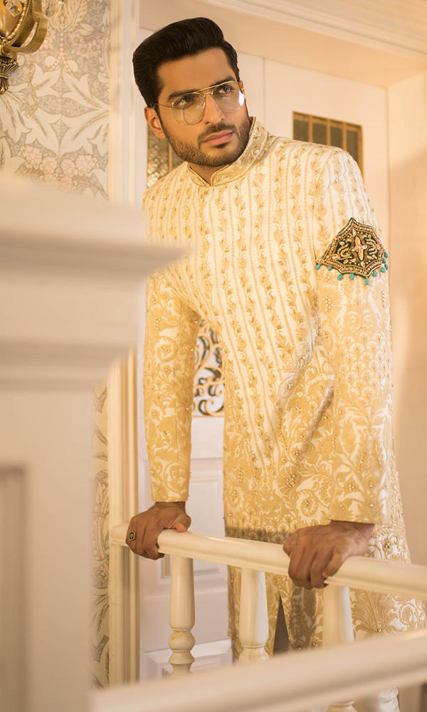 Ivory Gold Embroidered Silk-Blend Groom Sherwani (2-Piece) - Image 4