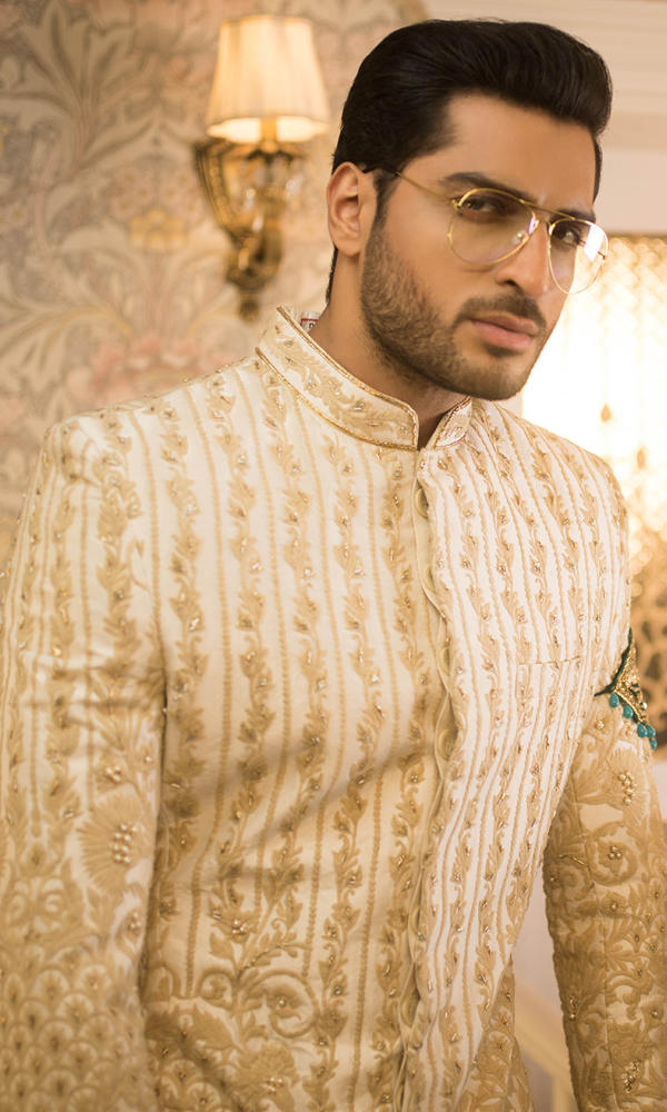 Ivory Gold Embroidered Silk-Blend Groom Sherwani (2-Piece) - Image 5