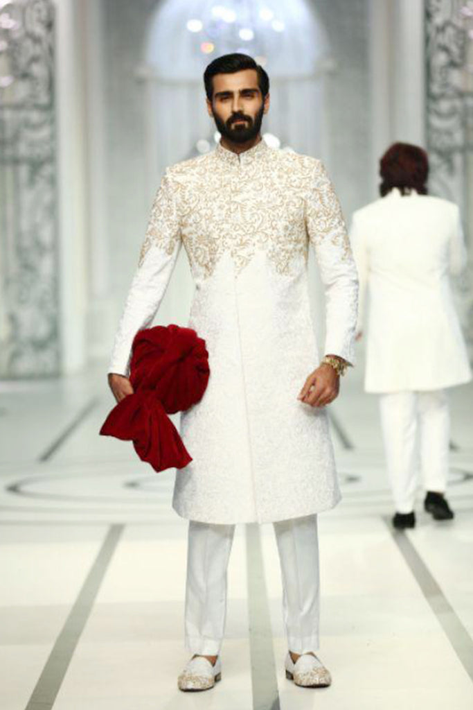 Ivory Gold Embroidered Silk-Blend Sherwani (2-Piece) - Image 1