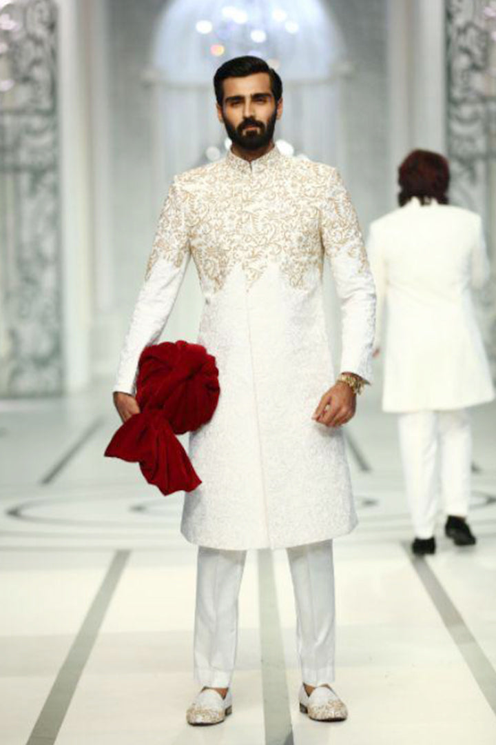 Ivory Gold Embroidered Silk-Blend Sherwani (2-Piece) - Image 2