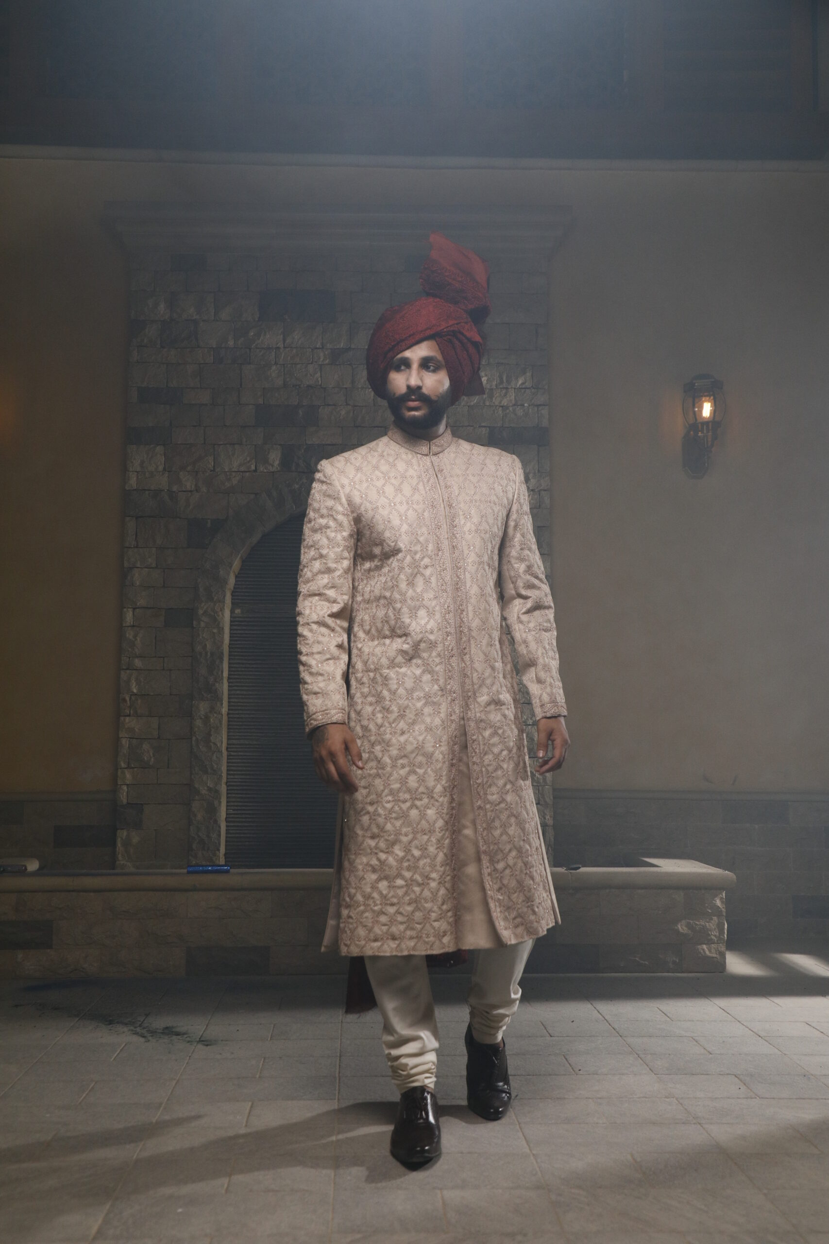 Off-White Jacquard Groom Sherwani (3-Piece) - Image 1