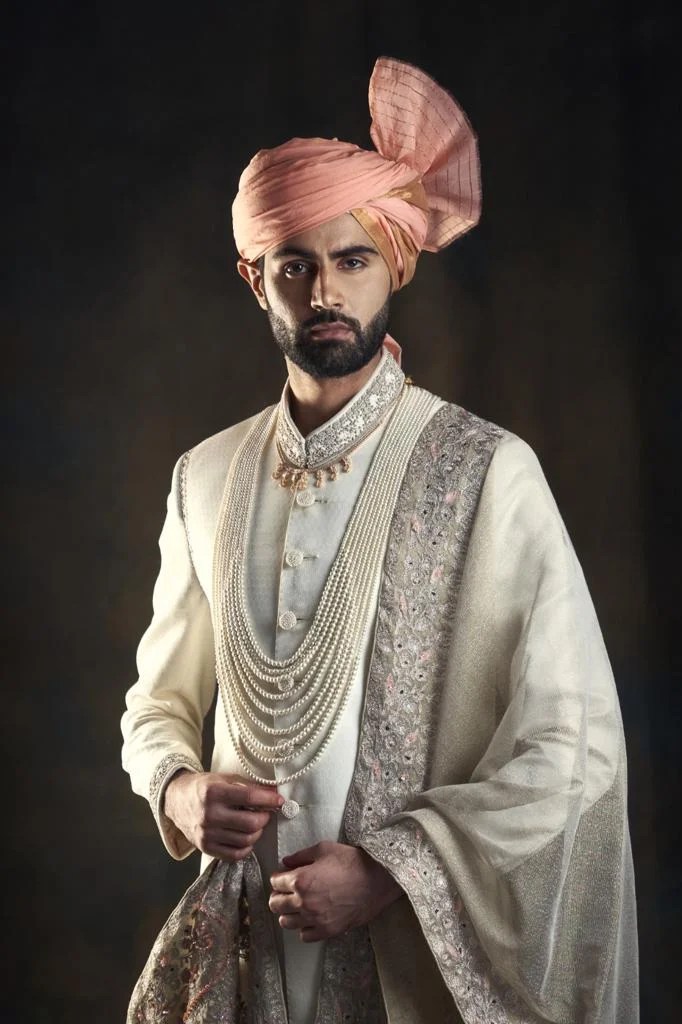 Cream Off-White Embroidered Silk-Blend Sherwani (3-Piece) - Image 1