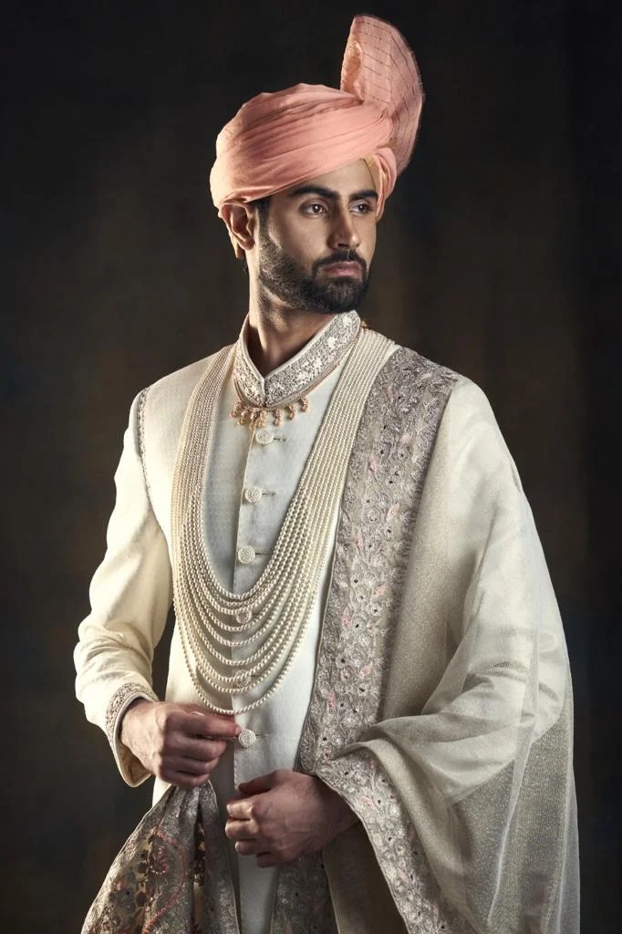 Cream Off-White Embroidered Silk-Blend Sherwani (3-Piece) - Image 2