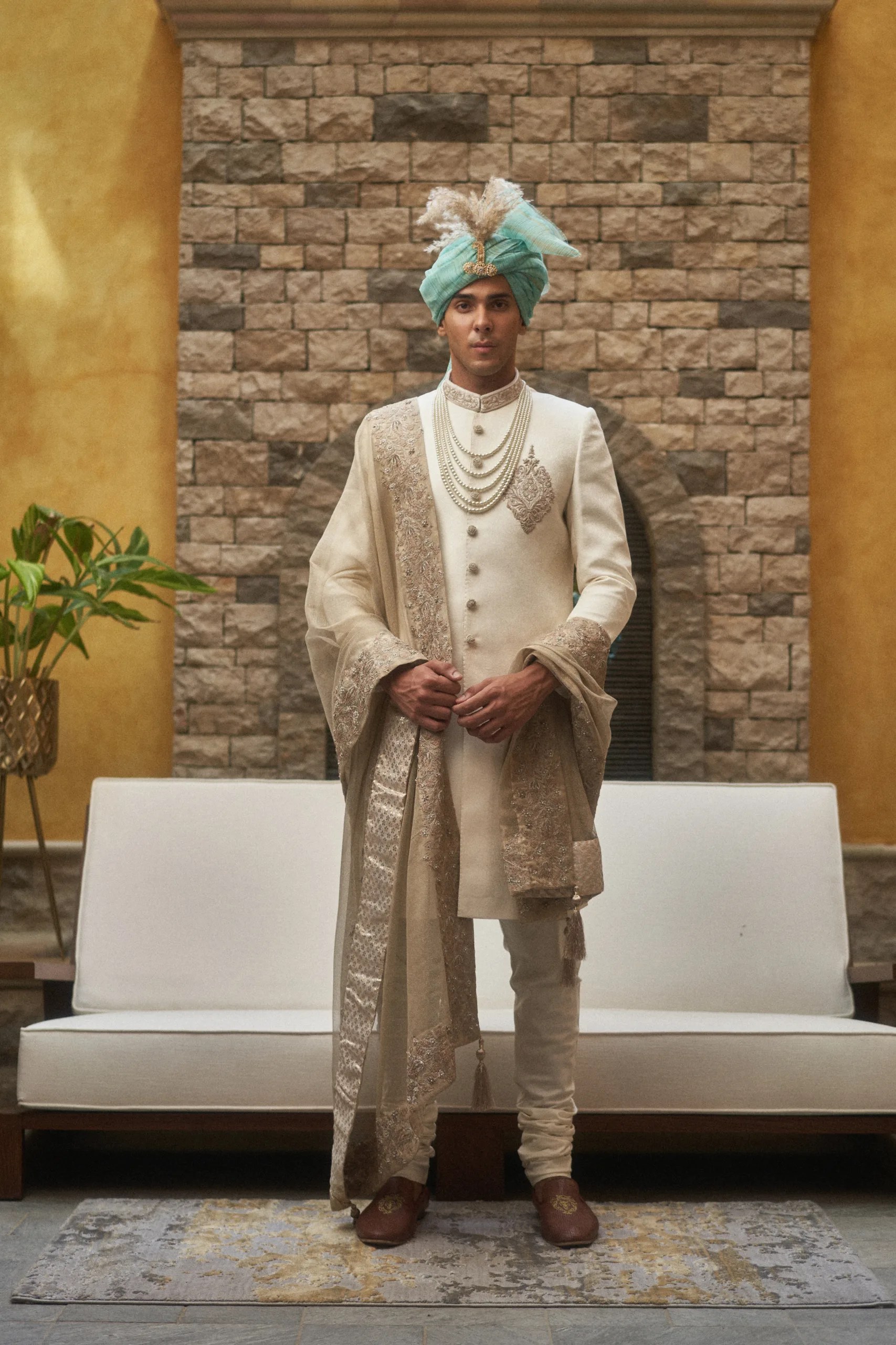 Dover White Embroidered Silk-Blend Groom Sherwani (3-Piece) - Image 1