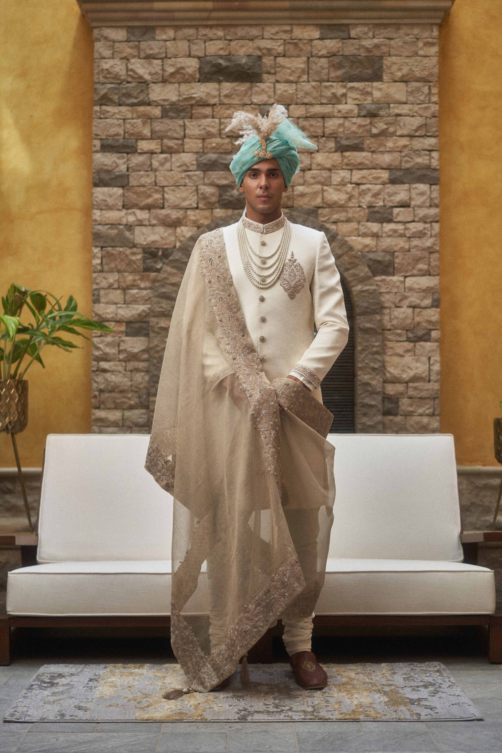 Dover White Embroidered Silk-Blend Groom Sherwani (3-Piece) - Image 2