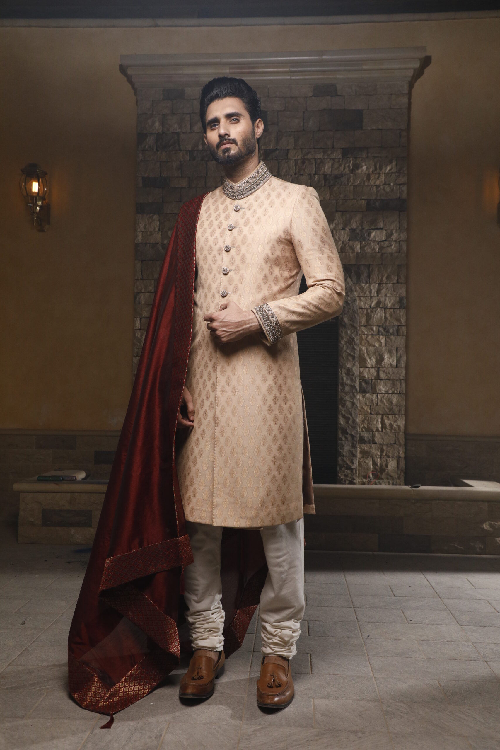 Pantone White Smoke Threadwork Silk Blend Groom Sherwani (3-Piece) - Image 1