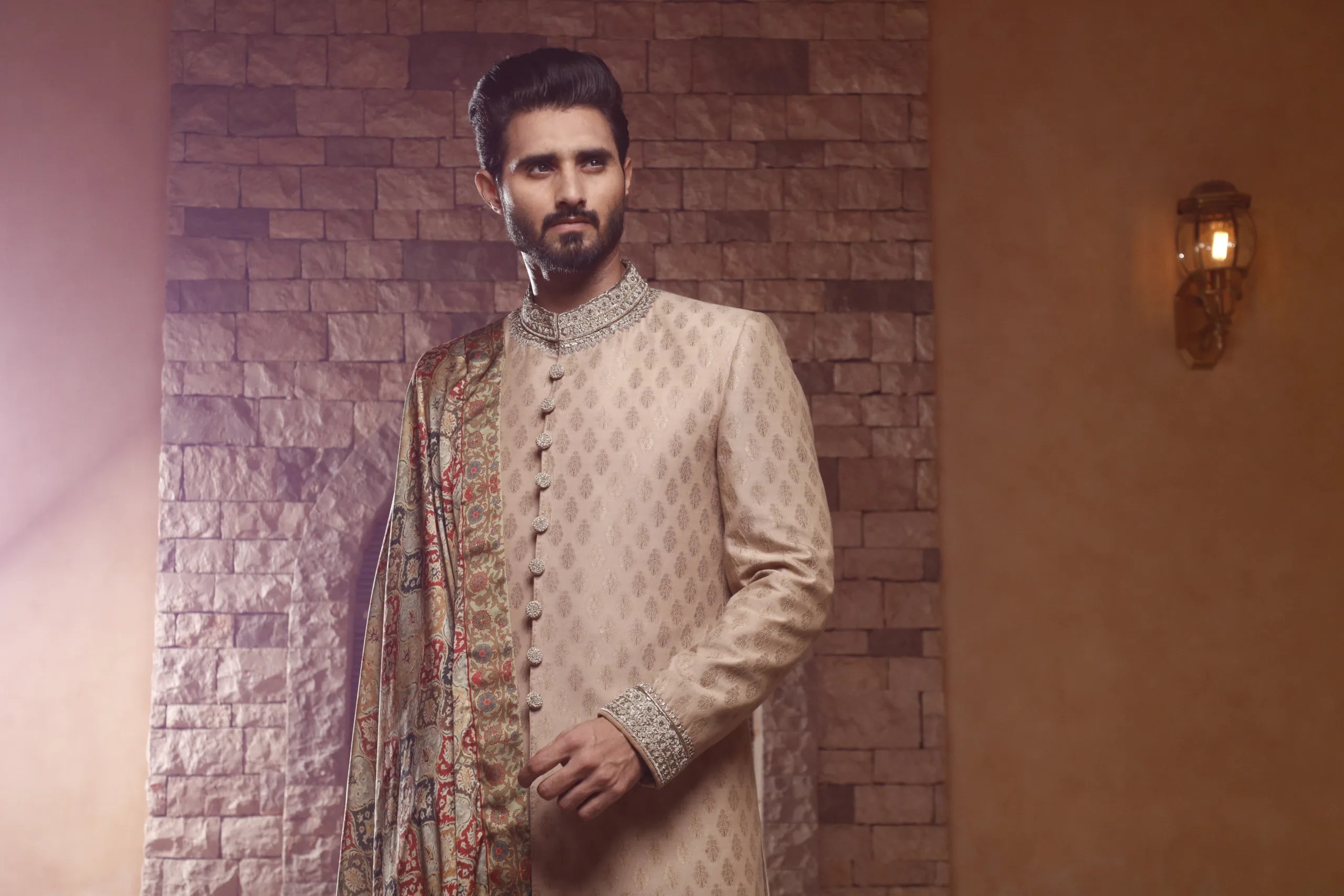 Antique White Jacquard Sherwani with Silver Embroidery (3-Piece) - Image 1