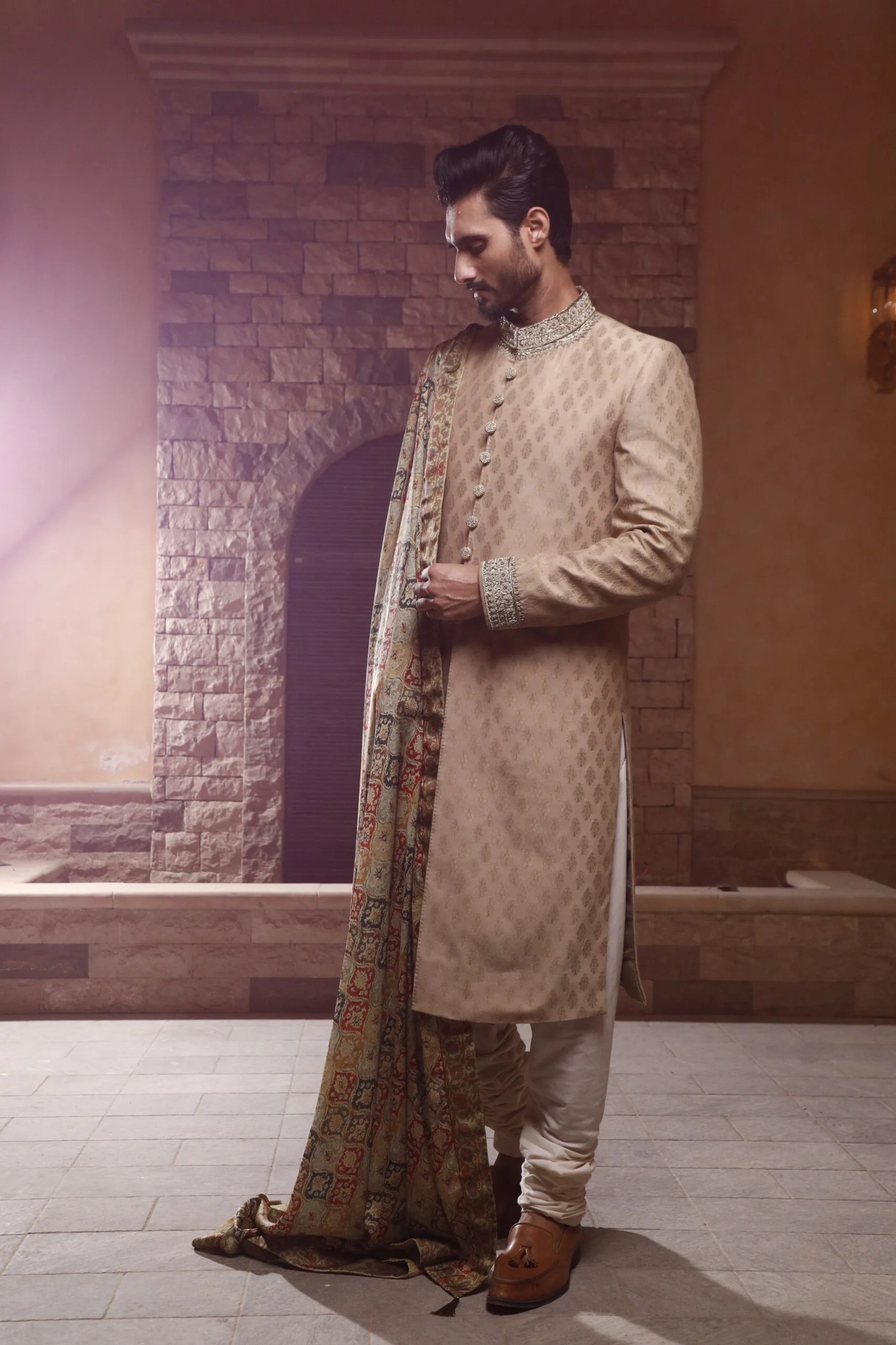 Antique White Jacquard Sherwani with Silver Embroidery (3-Piece) - Image 2