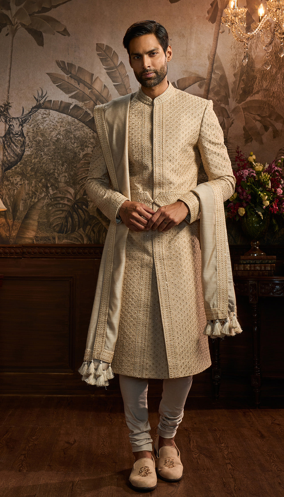 Ivory Thread & Crystal Embroidered Sherwani (3-Piece) - Image 1