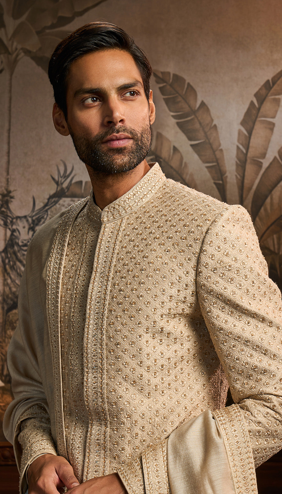 Ivory Thread & Crystal Embroidered Sherwani (3-Piece) - Image 2