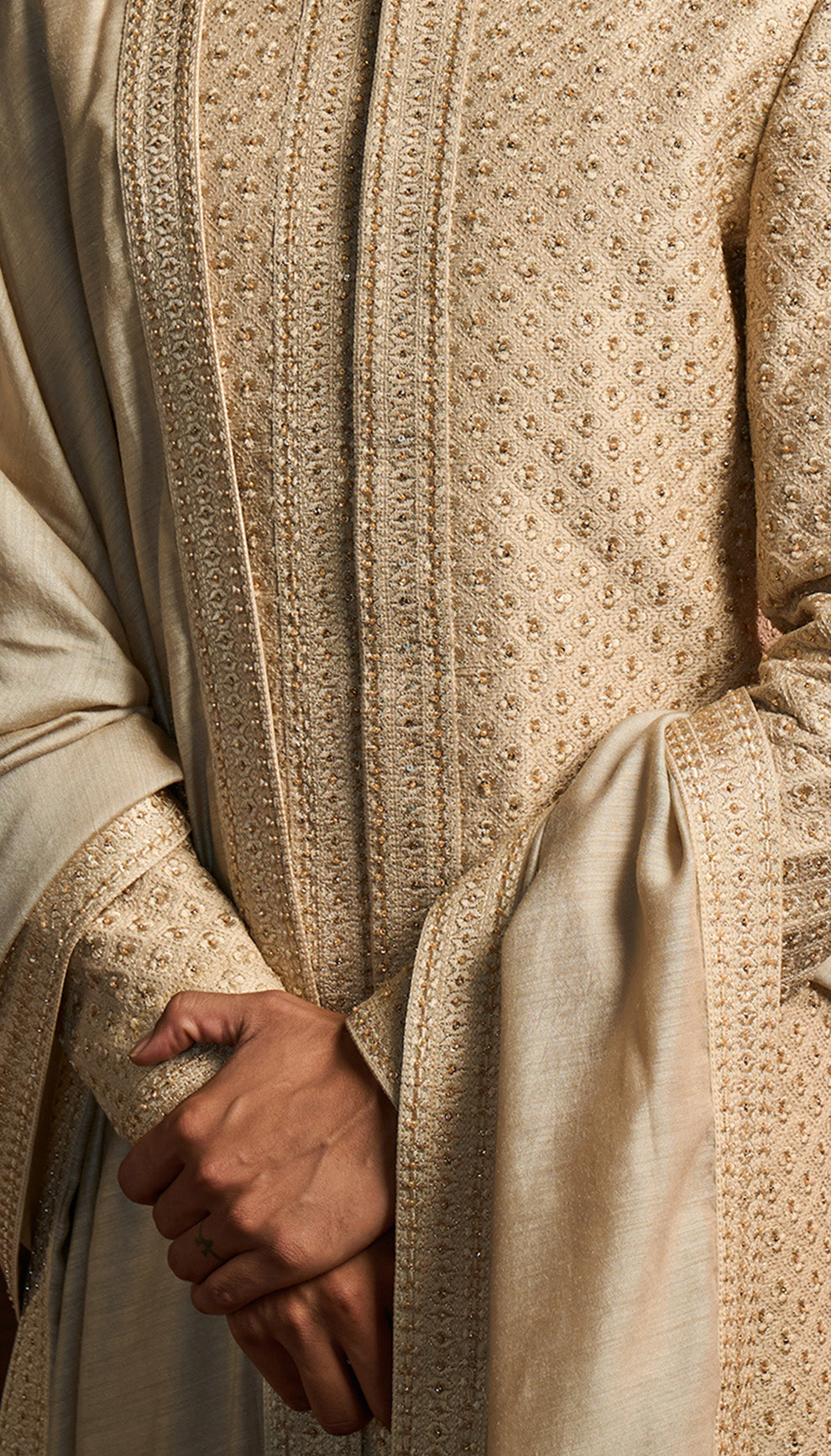 Ivory Thread & Crystal Embroidered Sherwani (3-Piece) - Image 3