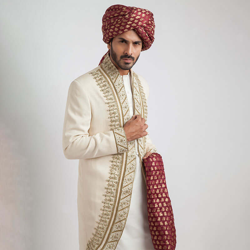 Ivory Zardozi Silk-Blend Groom Sherwani (4-Piece) - Image 2