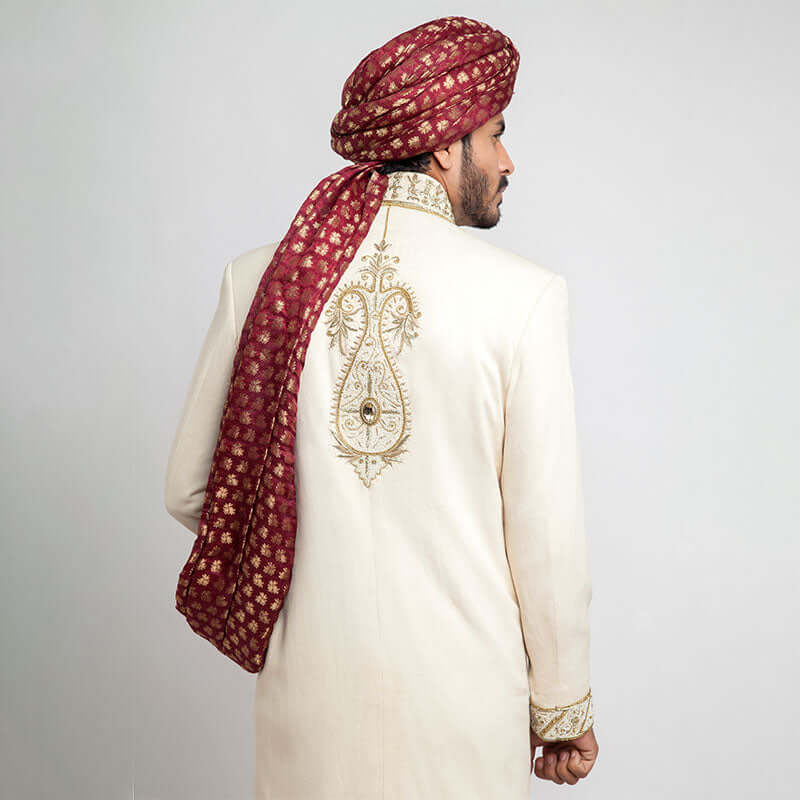 Ivory Zardozi Silk-Blend Groom Sherwani (4-Piece) - Image 4