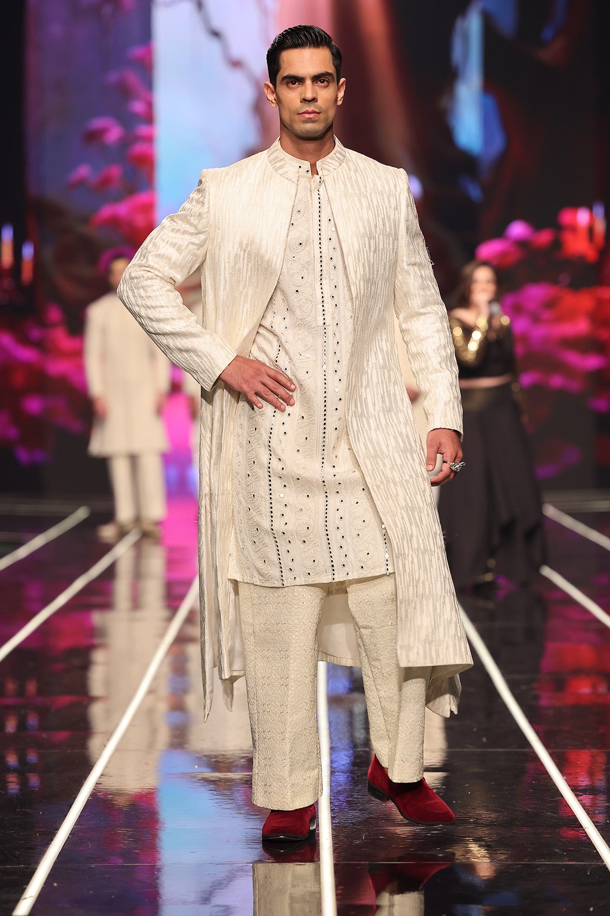 Ivory Textured Silk-Blend Sherwani (3-Piece) - Image 1