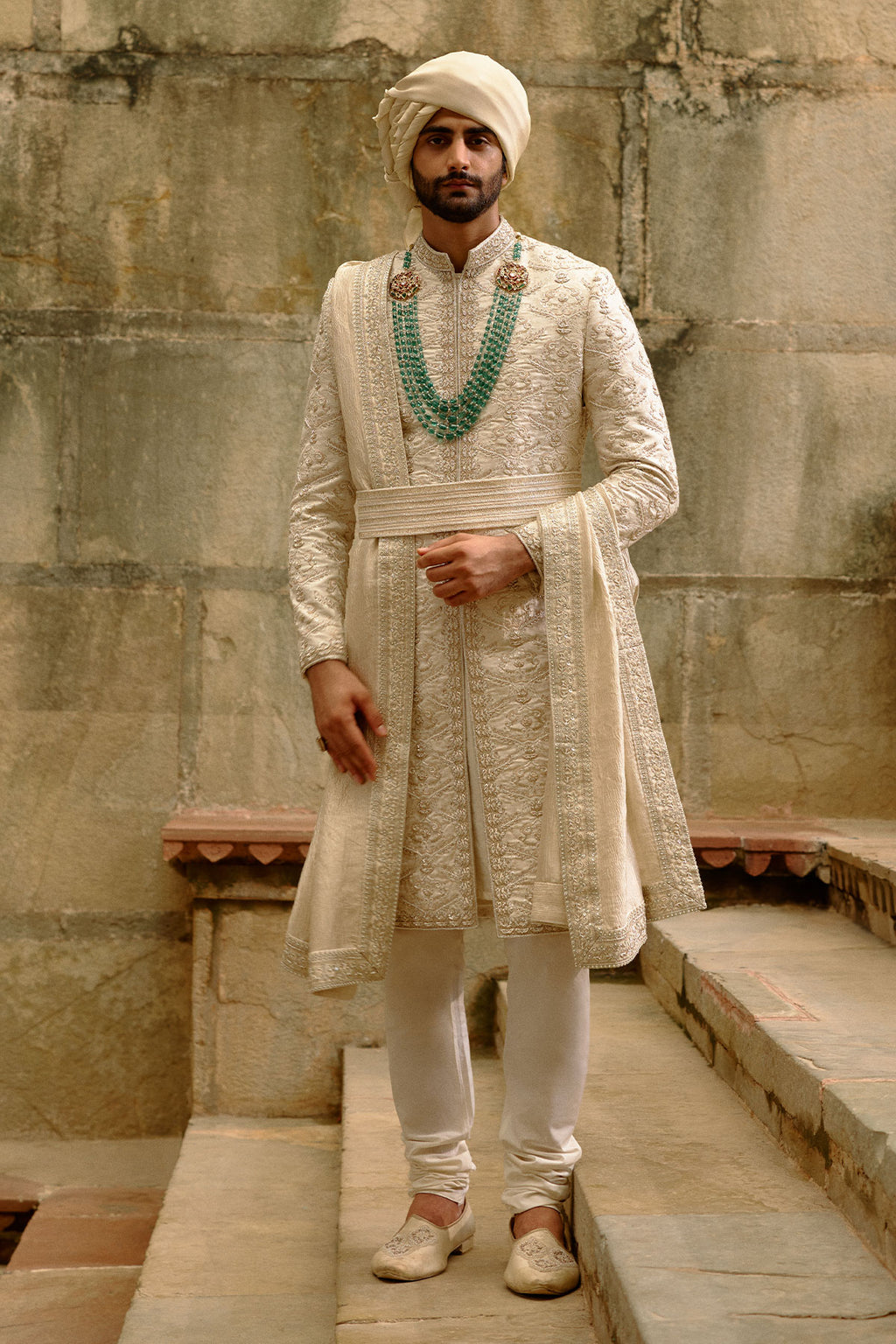 Ivory Zardozi Silk Brocade Sherwani (4-Piece) - Image 1