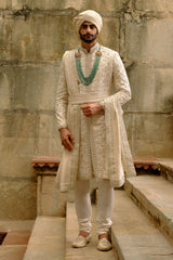 Ivory Zardozi Silk Brocade Sherwani (4-Piece) - Image 2