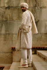 Ivory Zardozi Silk Brocade Sherwani (4-Piece) - Image 4