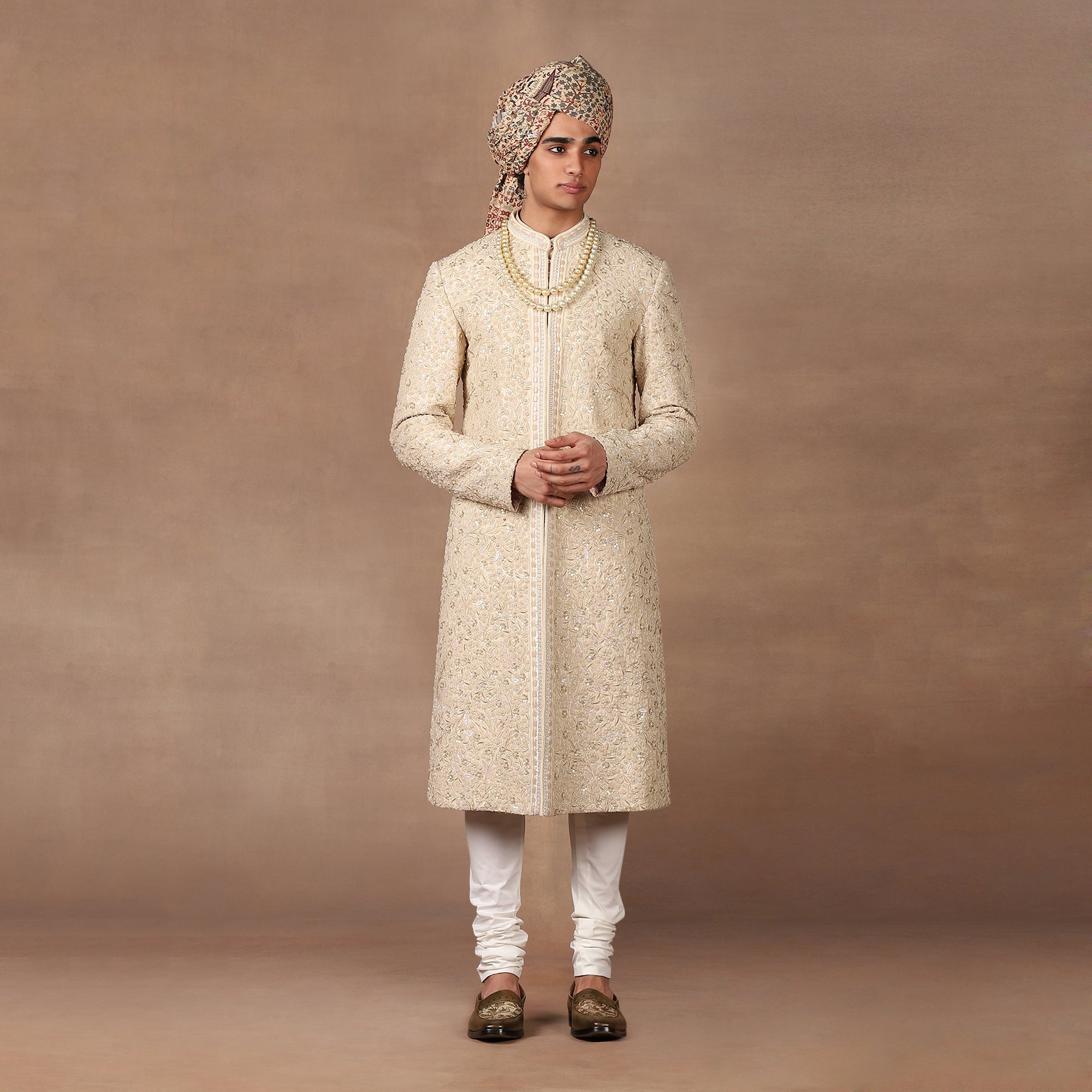 Ivory Quartz Embroidered Silk Sherwani (3-Piece) - Image 1