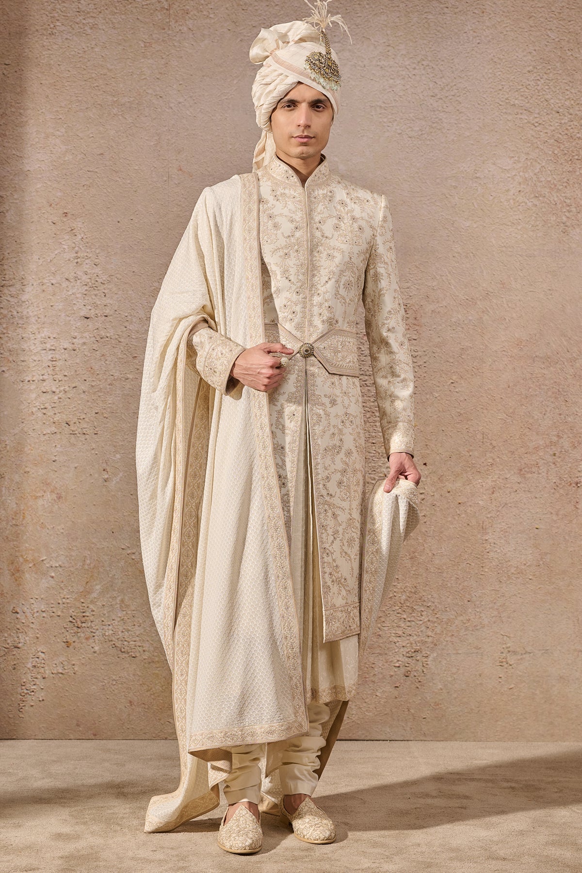 Ivory Hand-Embroidered Silk Dupion Sherwani (6-Piece) - Image 1