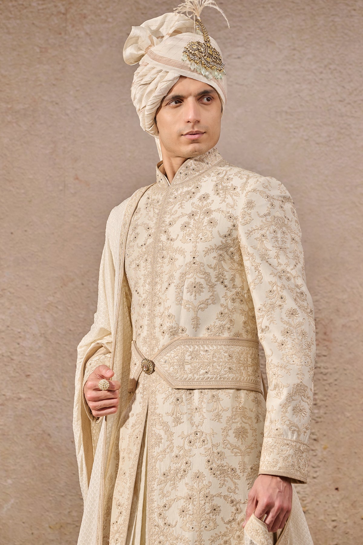 Ivory Hand-Embroidered Silk Dupion Sherwani (6-Piece) - Image 3
