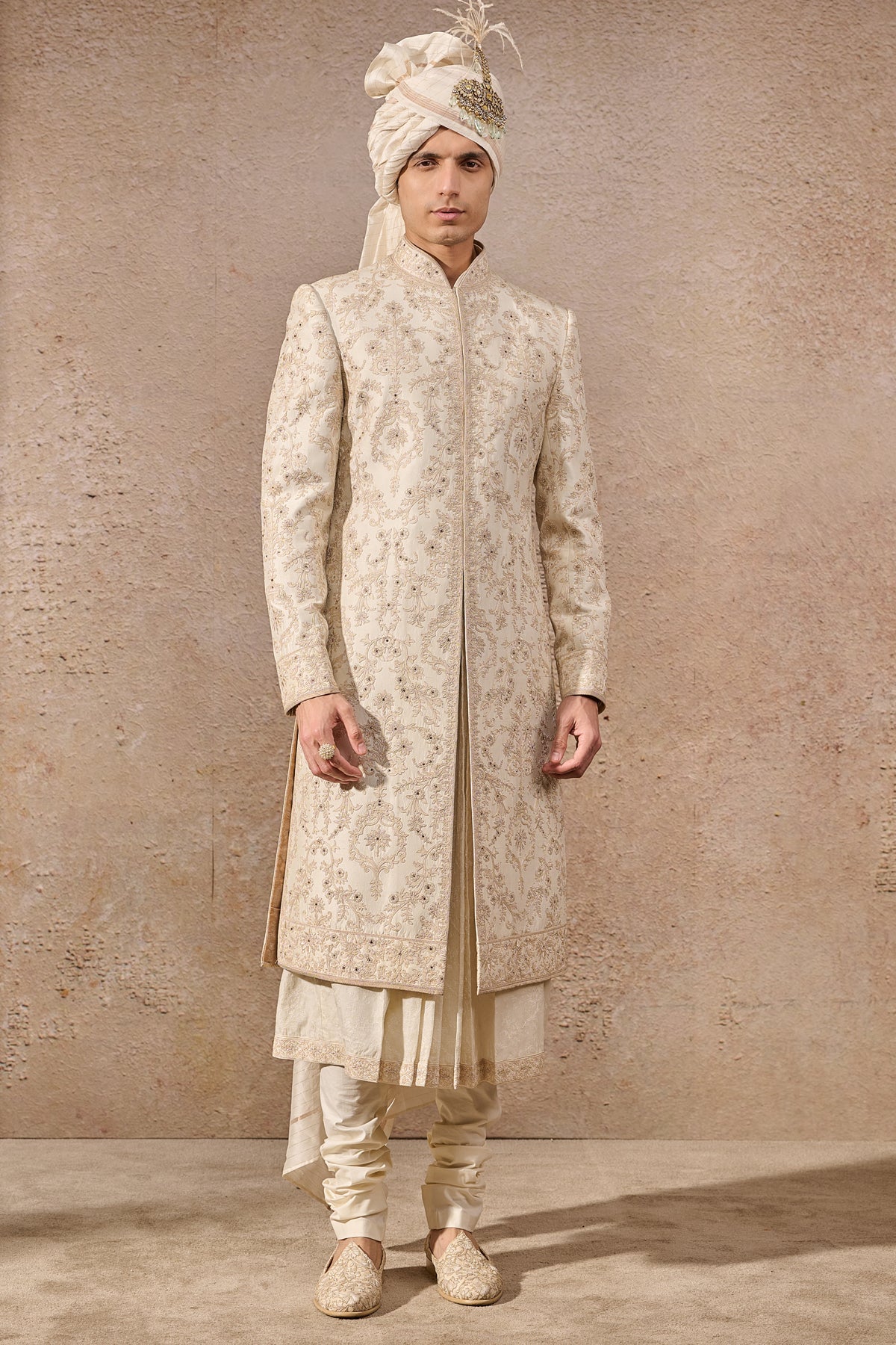 Ivory Hand-Embroidered Silk Dupion Sherwani (6-Piece) - Image 5