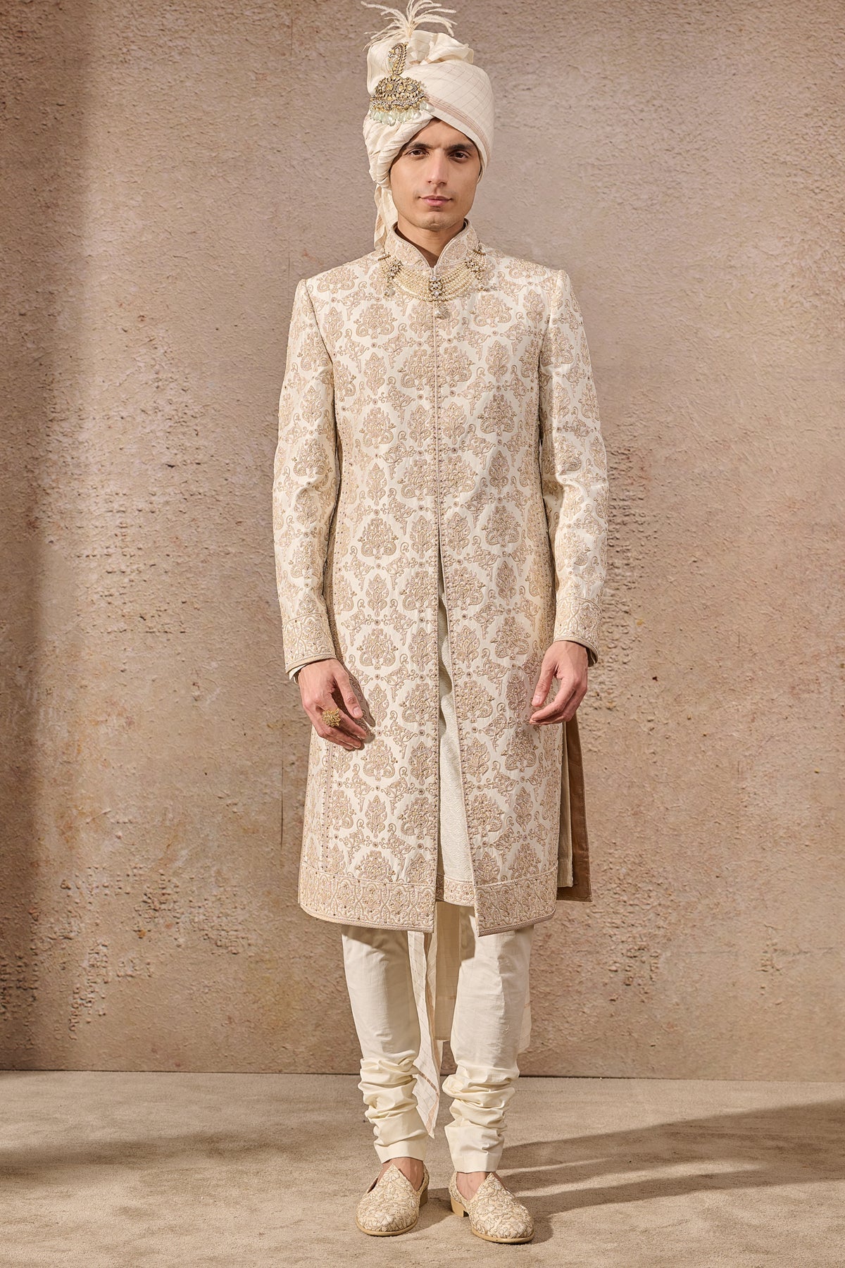 Ivory Hand Embroidered Silk Dupion Sherwani (3-Piece) - Image 1