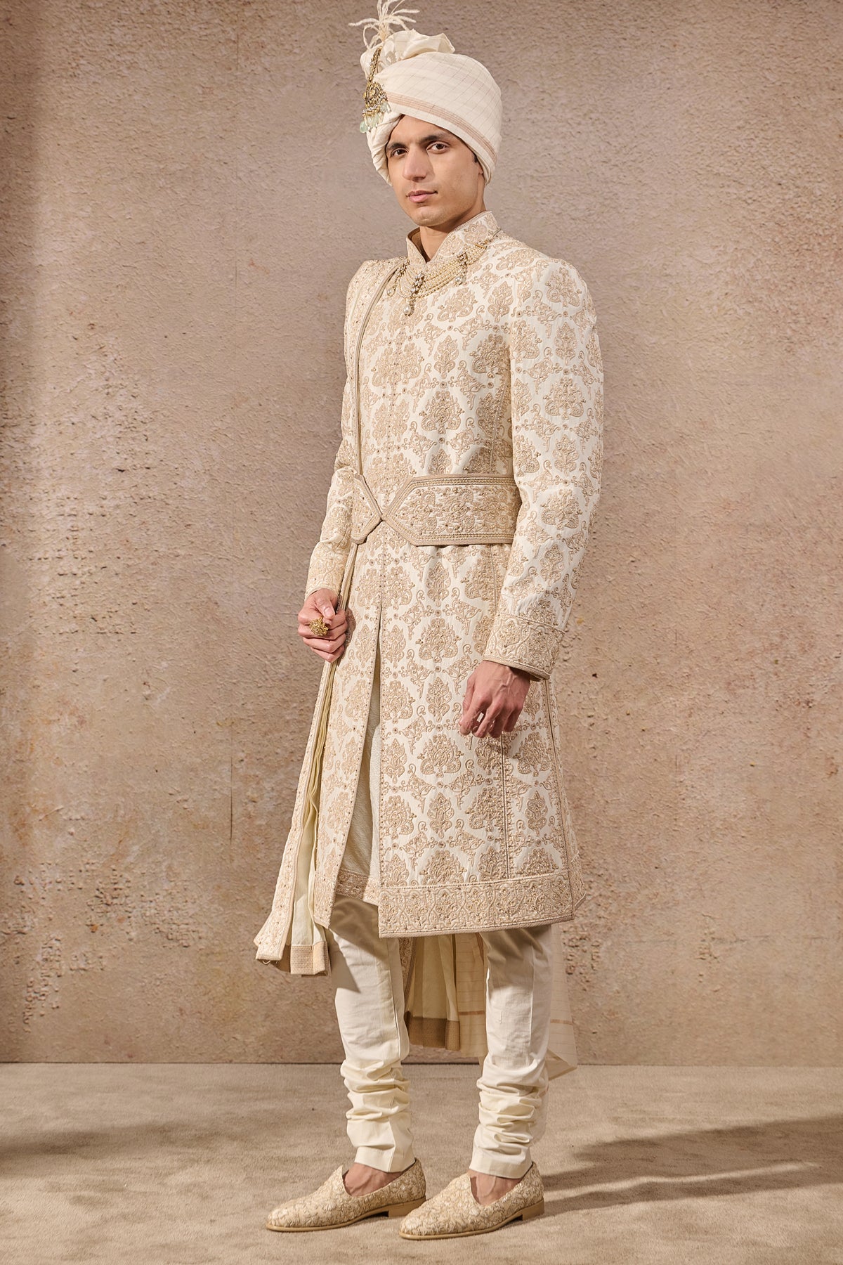 Ivory Hand Embroidered Silk Dupion Sherwani (3-Piece) - Image 2