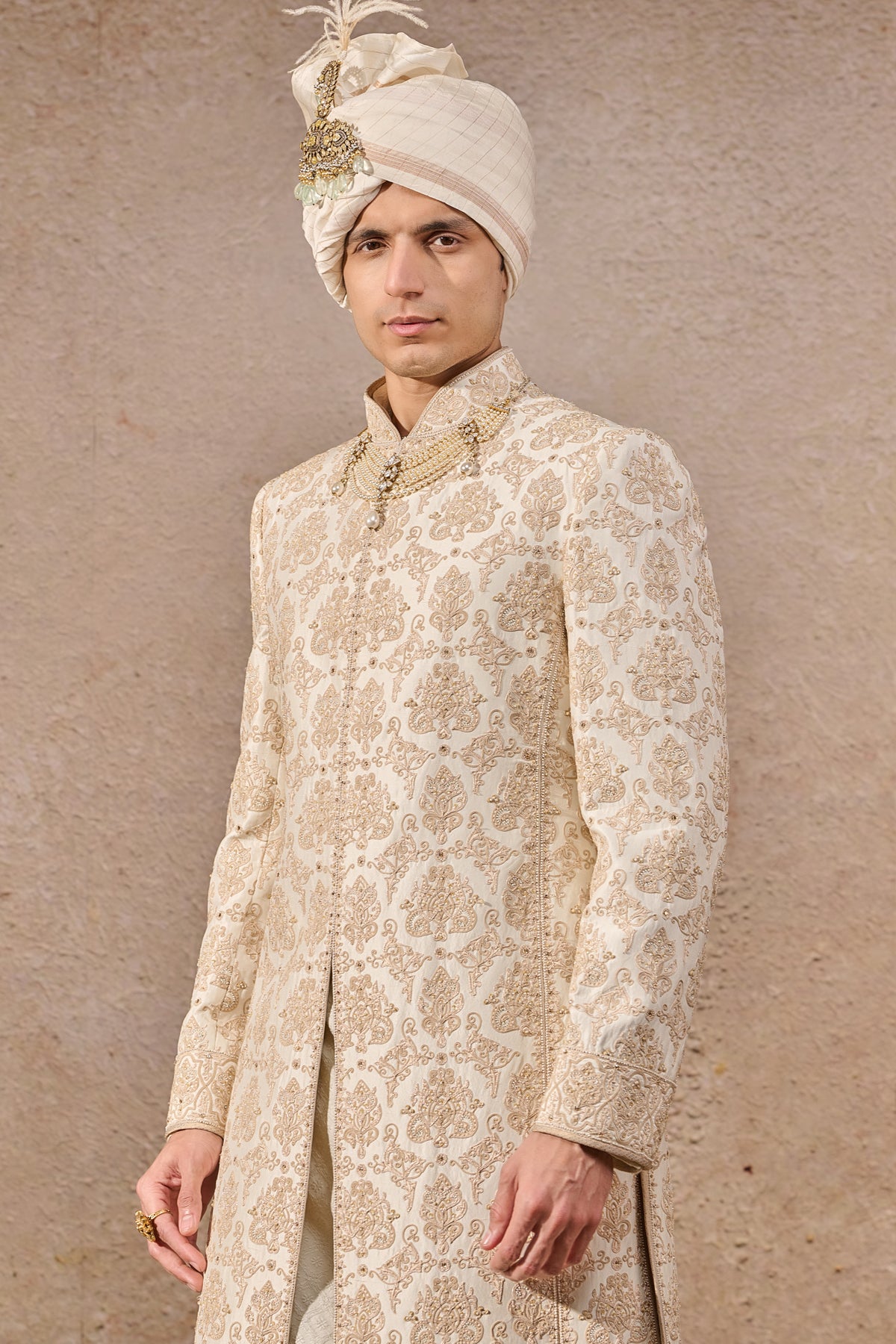 Ivory Hand Embroidered Silk Dupion Sherwani (3-Piece) - Image 4