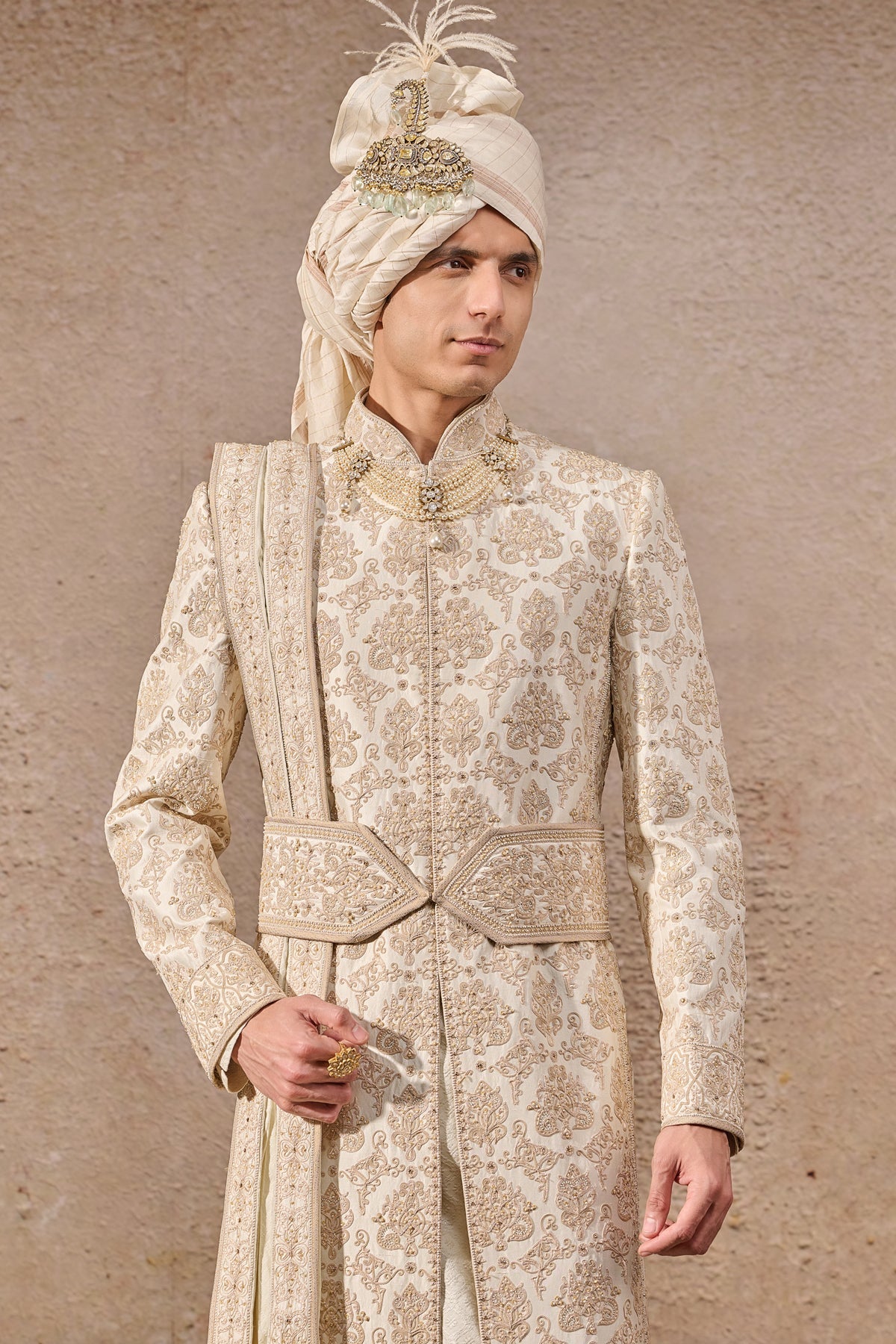 Ivory Hand Embroidered Silk Dupion Sherwani (3-Piece) - Image 5