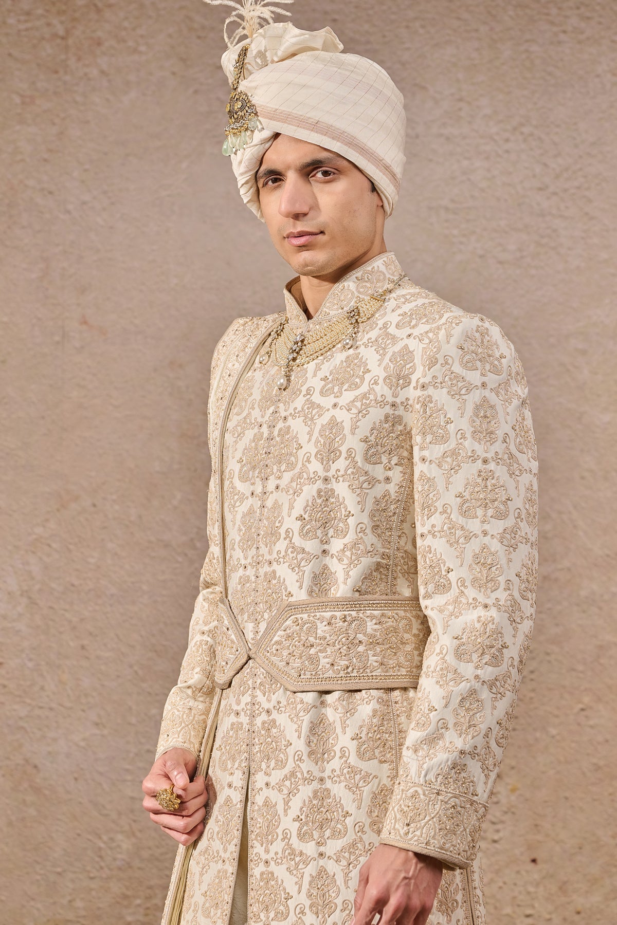 Ivory Hand Embroidered Silk Dupion Sherwani (3-Piece) - Image 6