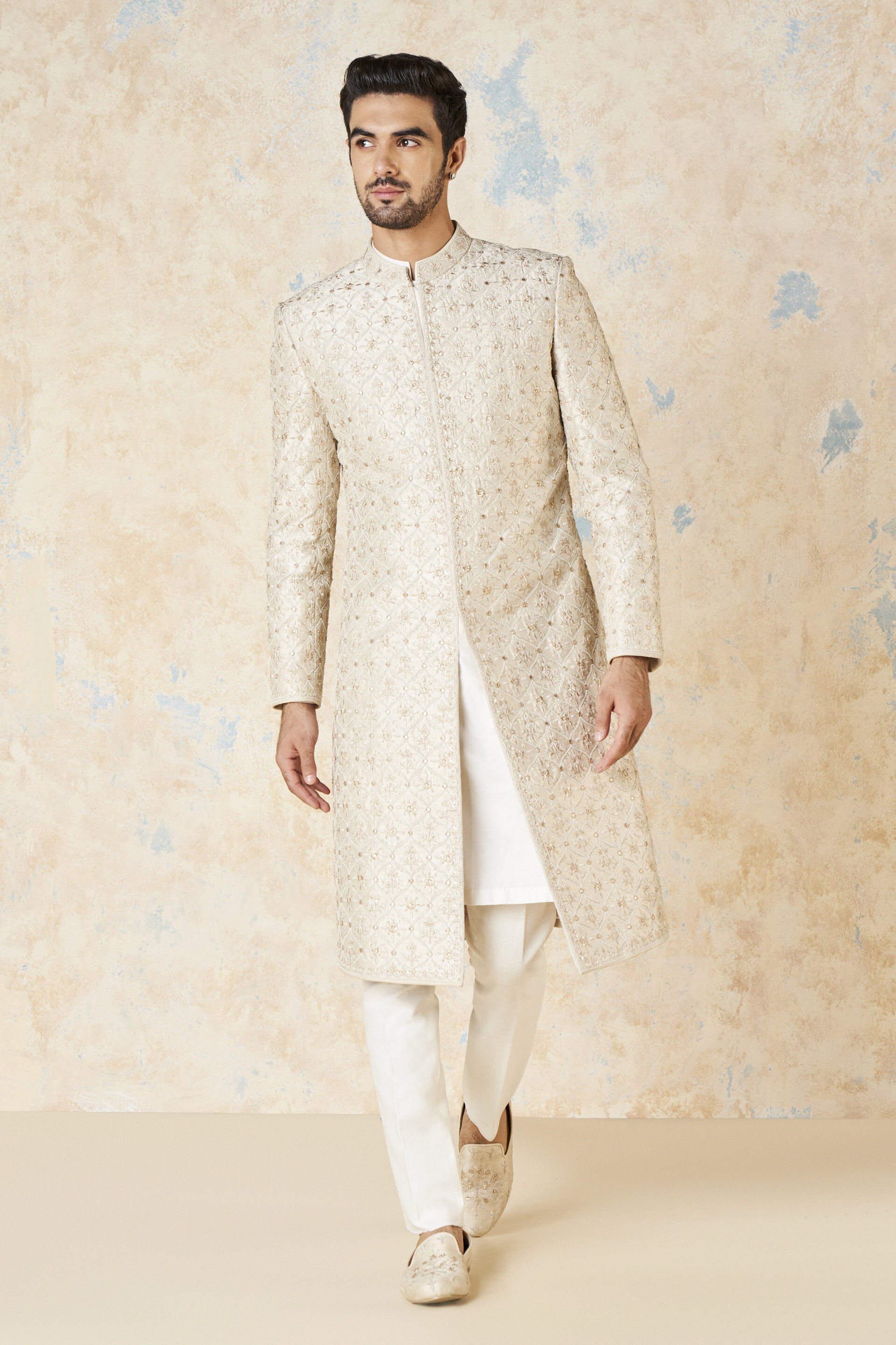 Ivory Gota Patti Aari Embroidered Silk Sherwani (3-Piece) - Image 1