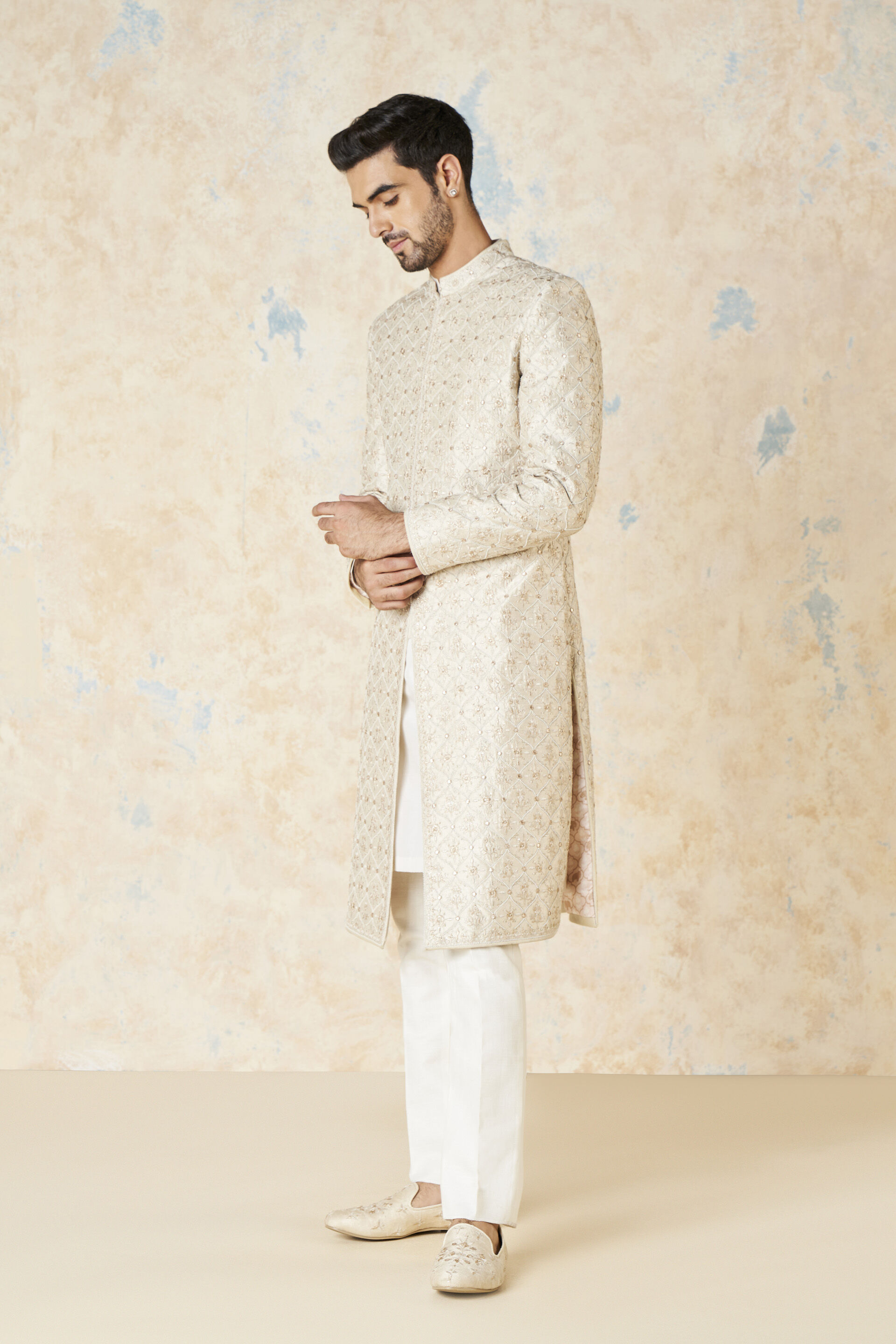 Ivory Gota Patti Aari Embroidered Silk Sherwani (3-Piece) - Image 2