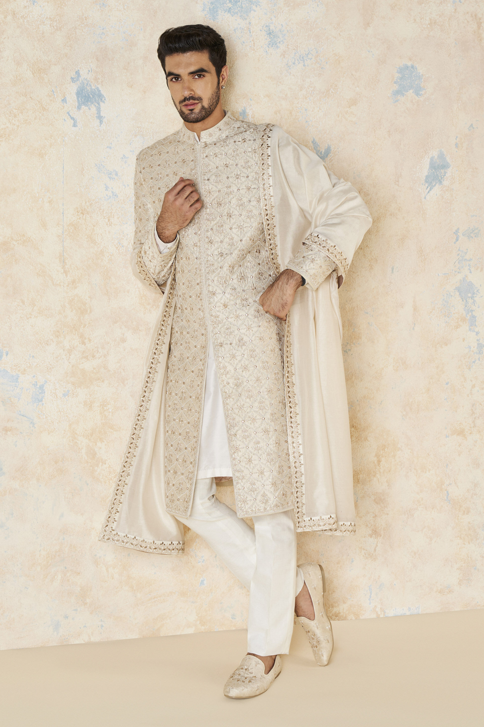 Ivory Gota Patti Aari Embroidered Silk Sherwani (3-Piece) - Image 5