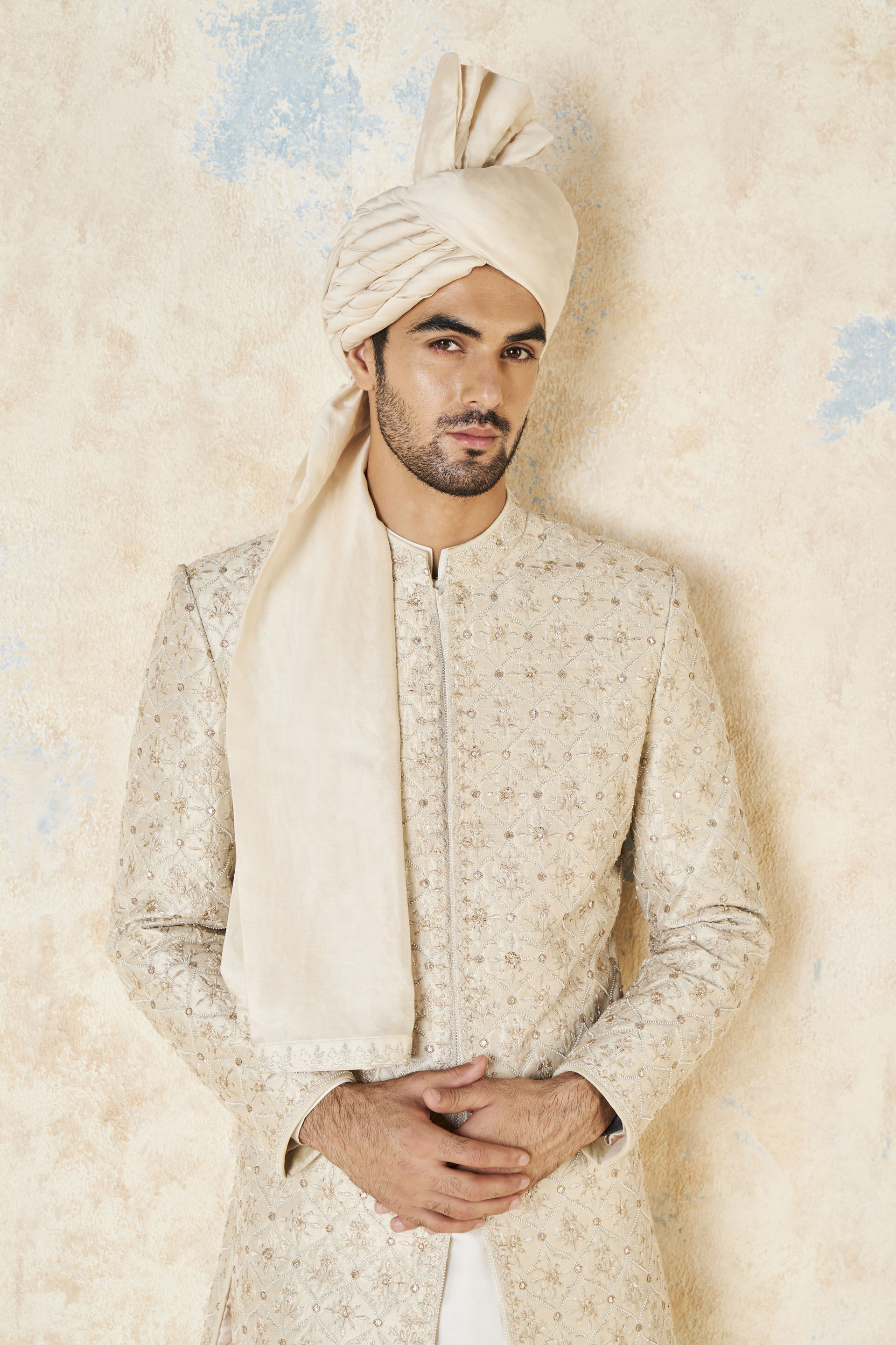 Ivory Gota Patti Aari Embroidered Silk Sherwani (3-Piece) - Image 6