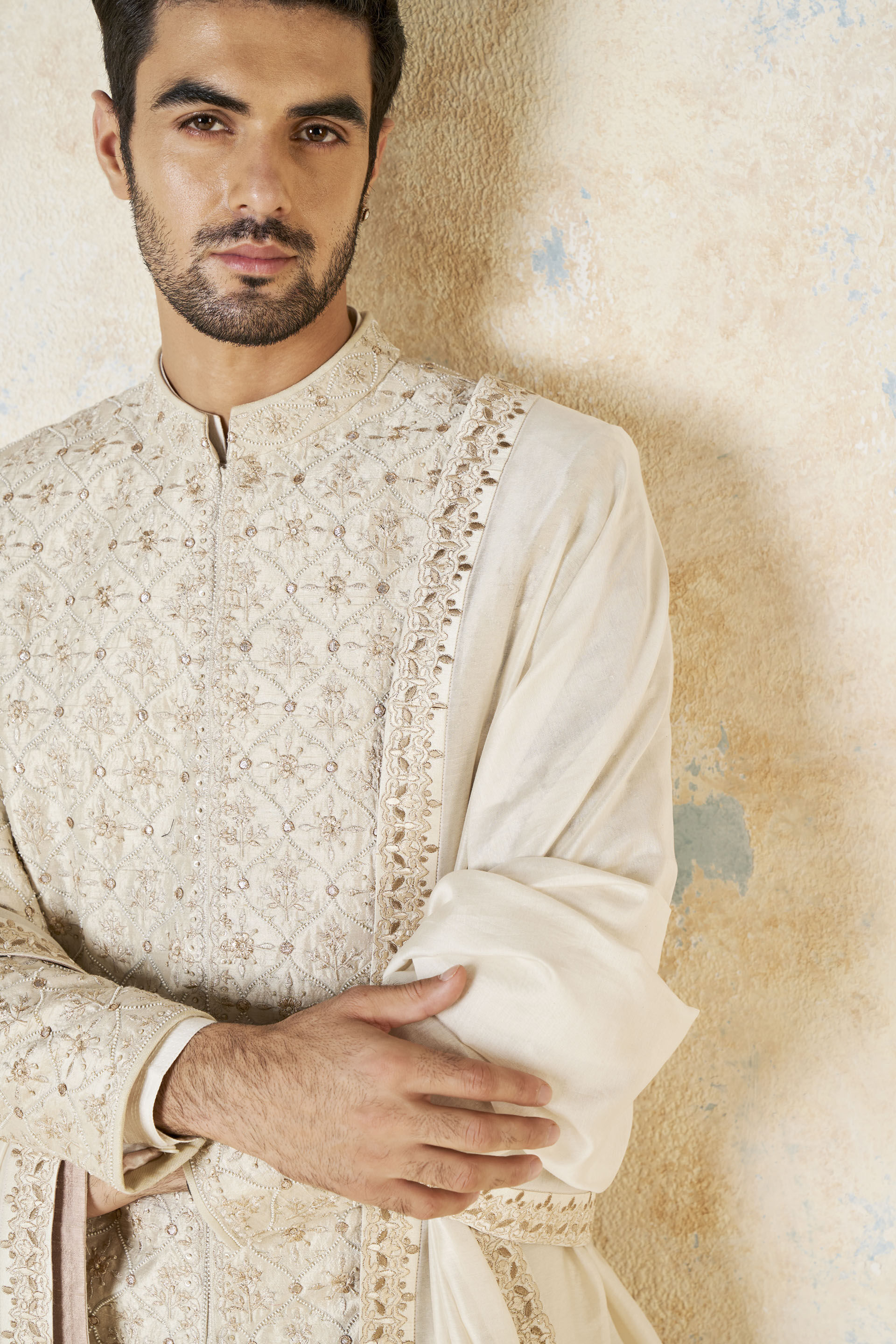 Ivory Gota Patti Aari Embroidered Silk Sherwani (3-Piece) - Image 7