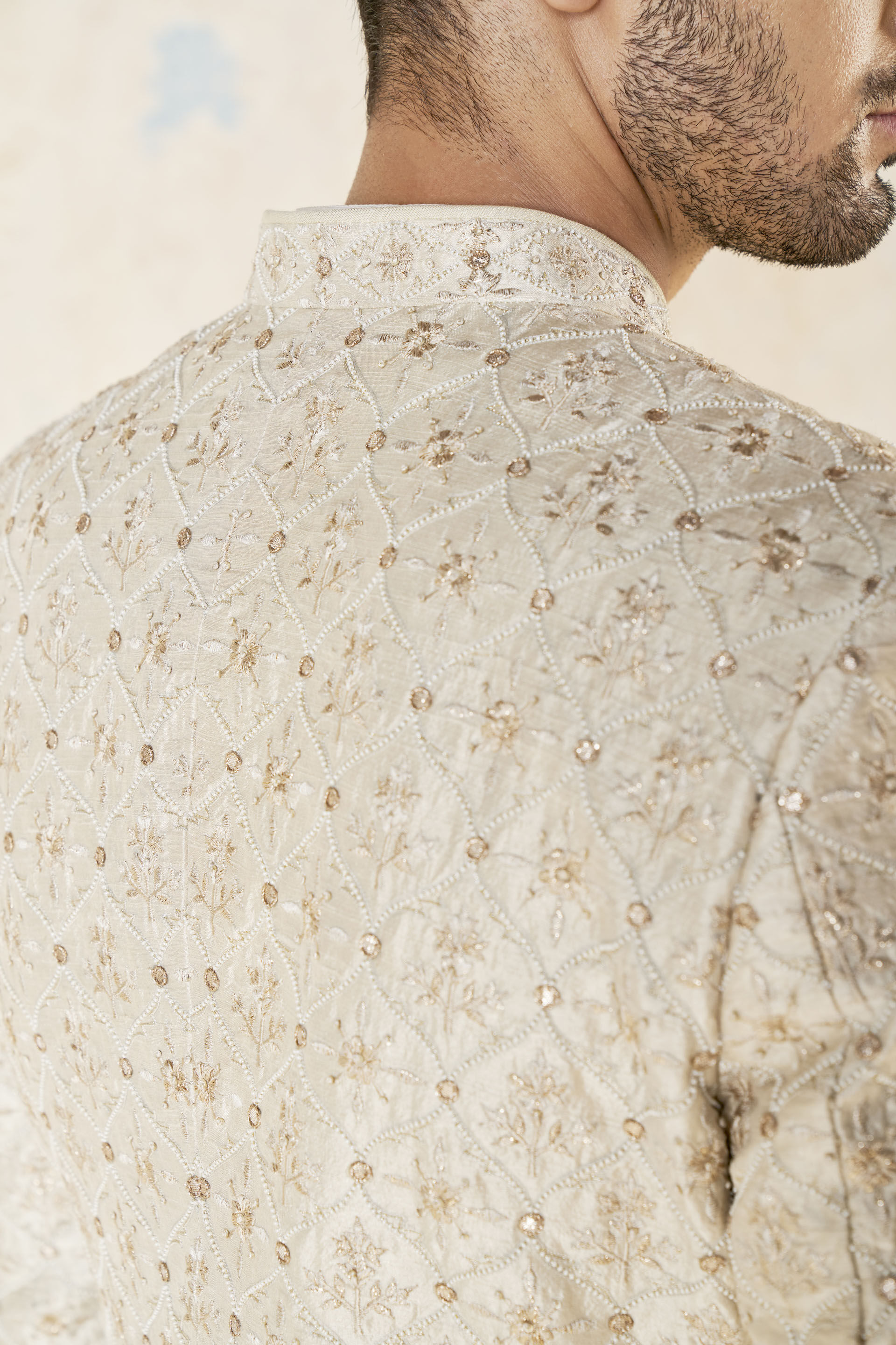 Ivory Gota Patti Aari Embroidered Silk Sherwani (3-Piece) - Image 9