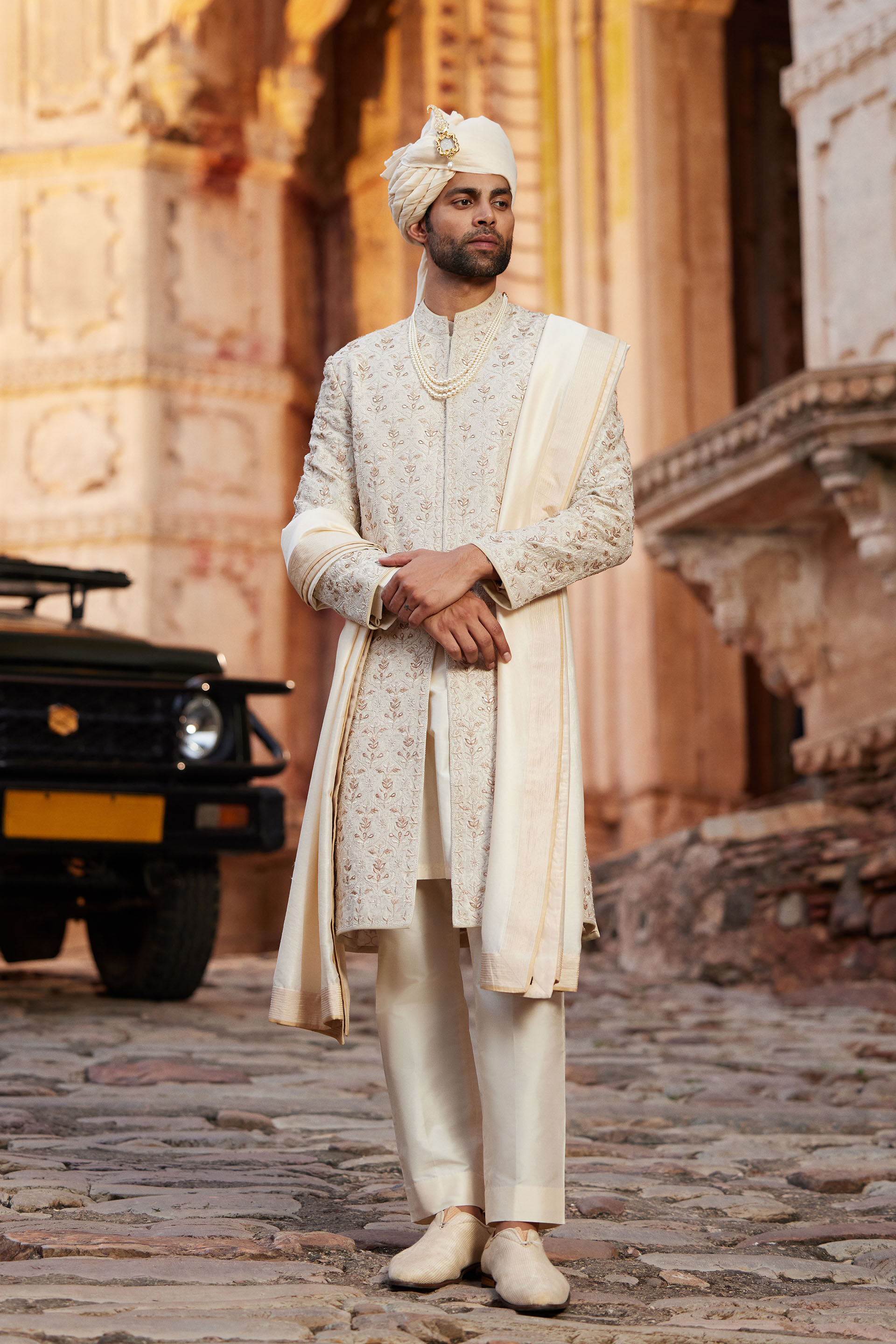 Ivory Gota Patti Aari Embroidered Silk Sherwani (3-Piece) - Image 1
