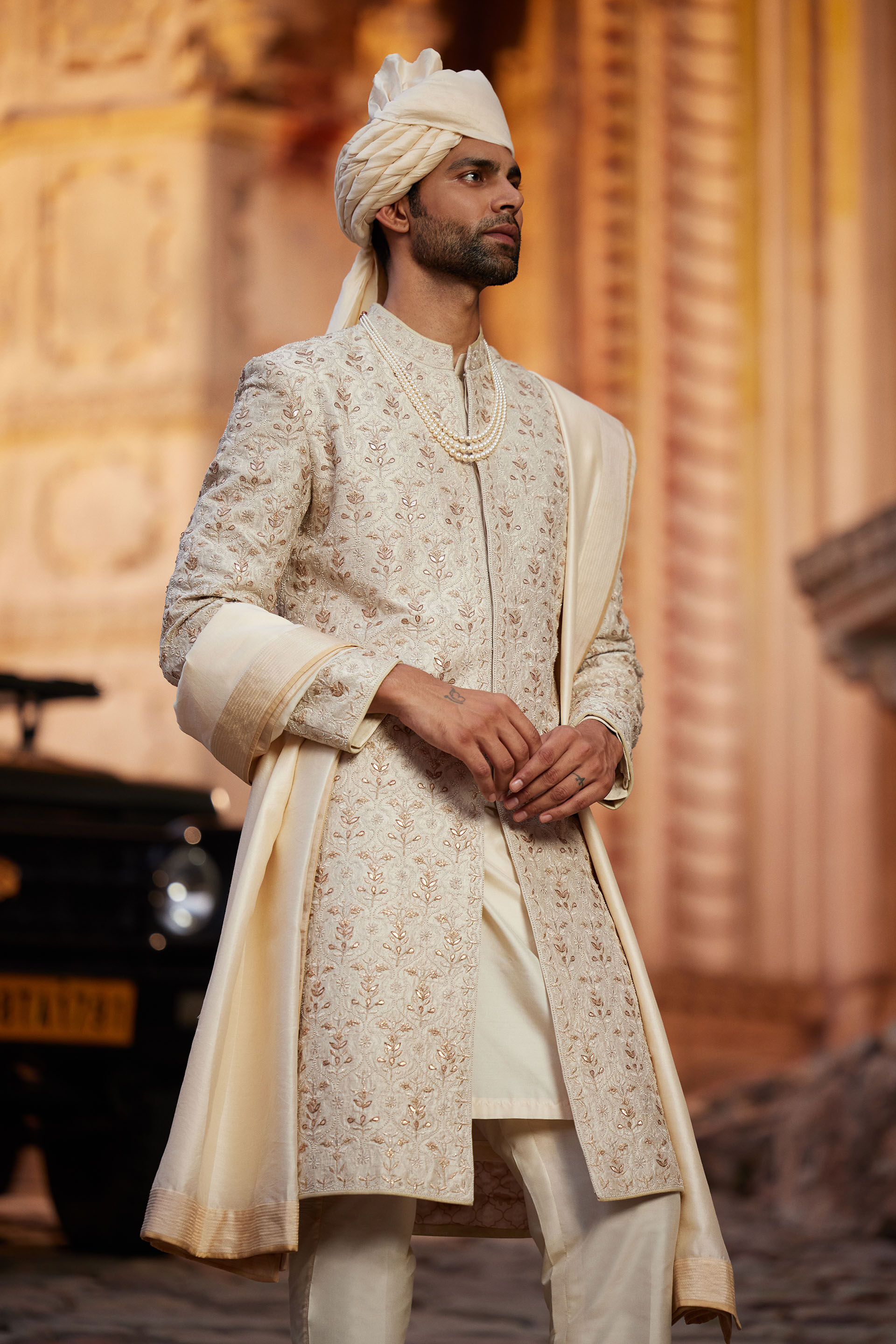 Ivory Gota Patti Aari Embroidered Silk Sherwani (3-Piece) - Image 3