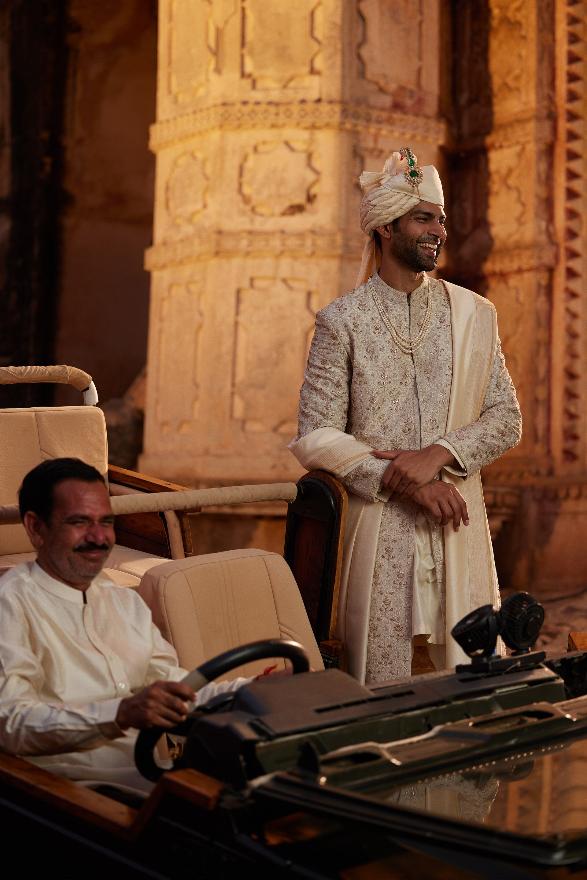 Ivory Gota Patti Aari Embroidered Silk Sherwani (3-Piece) - Image 4