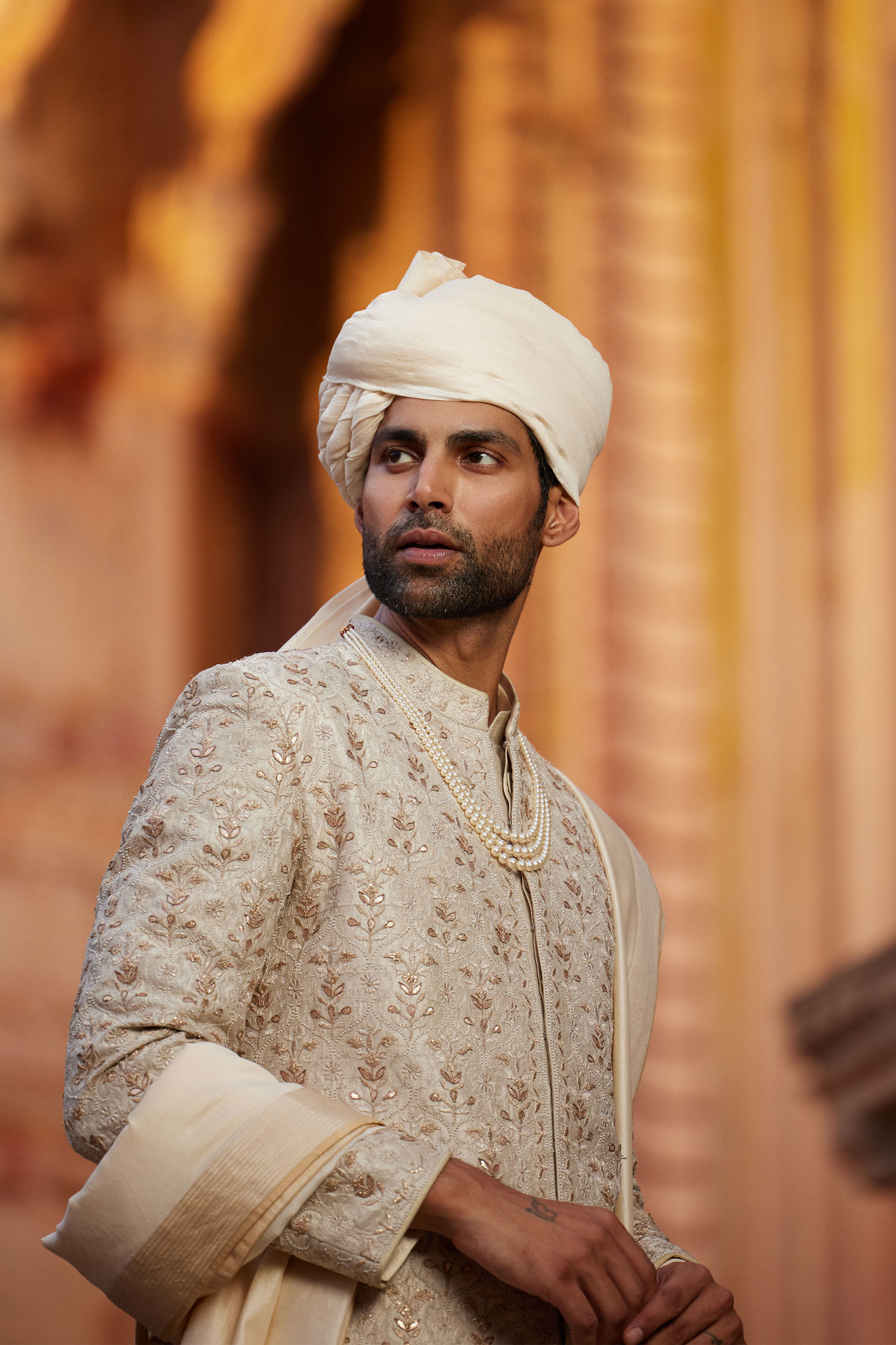 Ivory Gota Patti Aari Embroidered Silk Sherwani (3-Piece) - Image 5