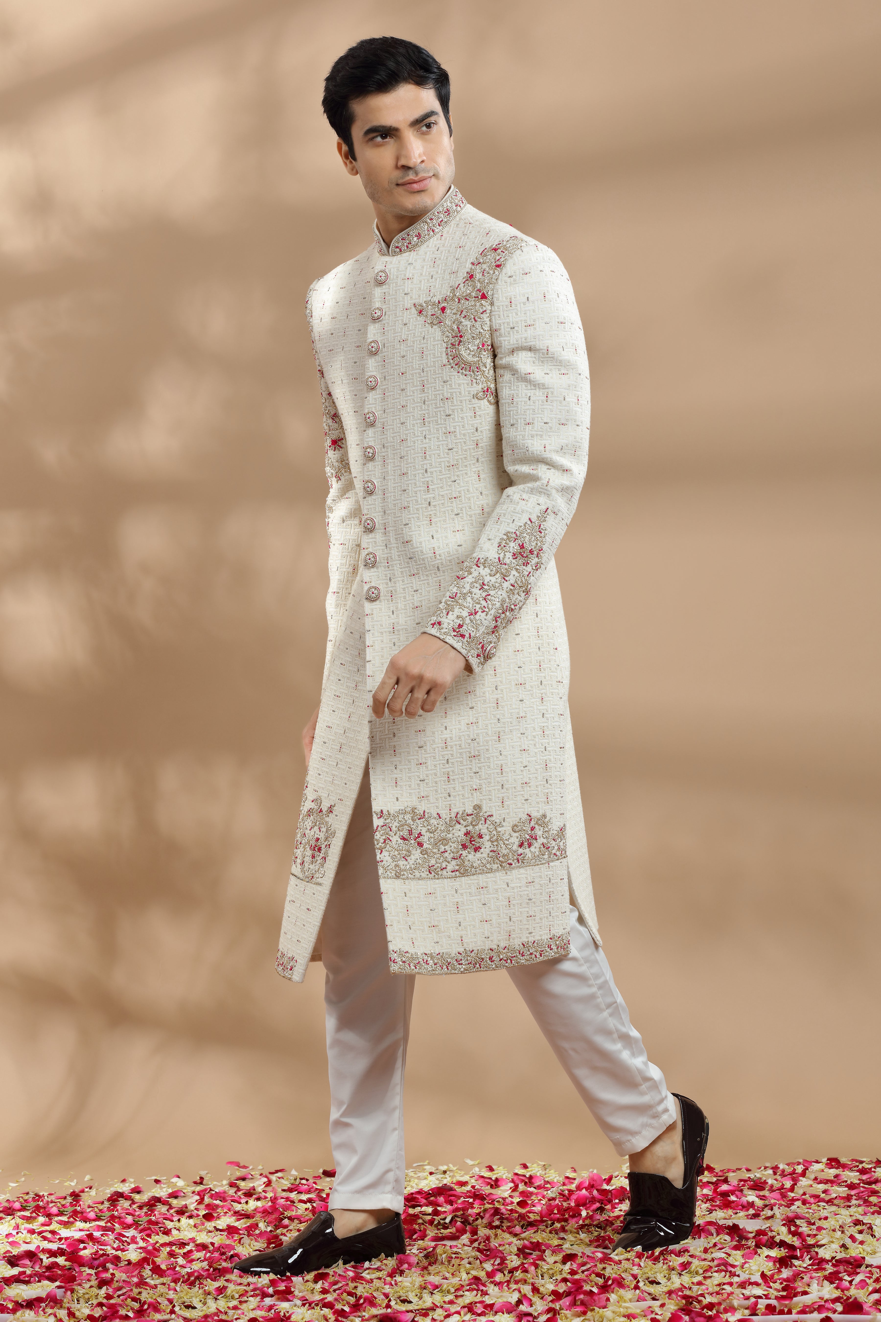 Ivory Hand-Embroidered Silk Sherwani (2-Piece) - Image 1