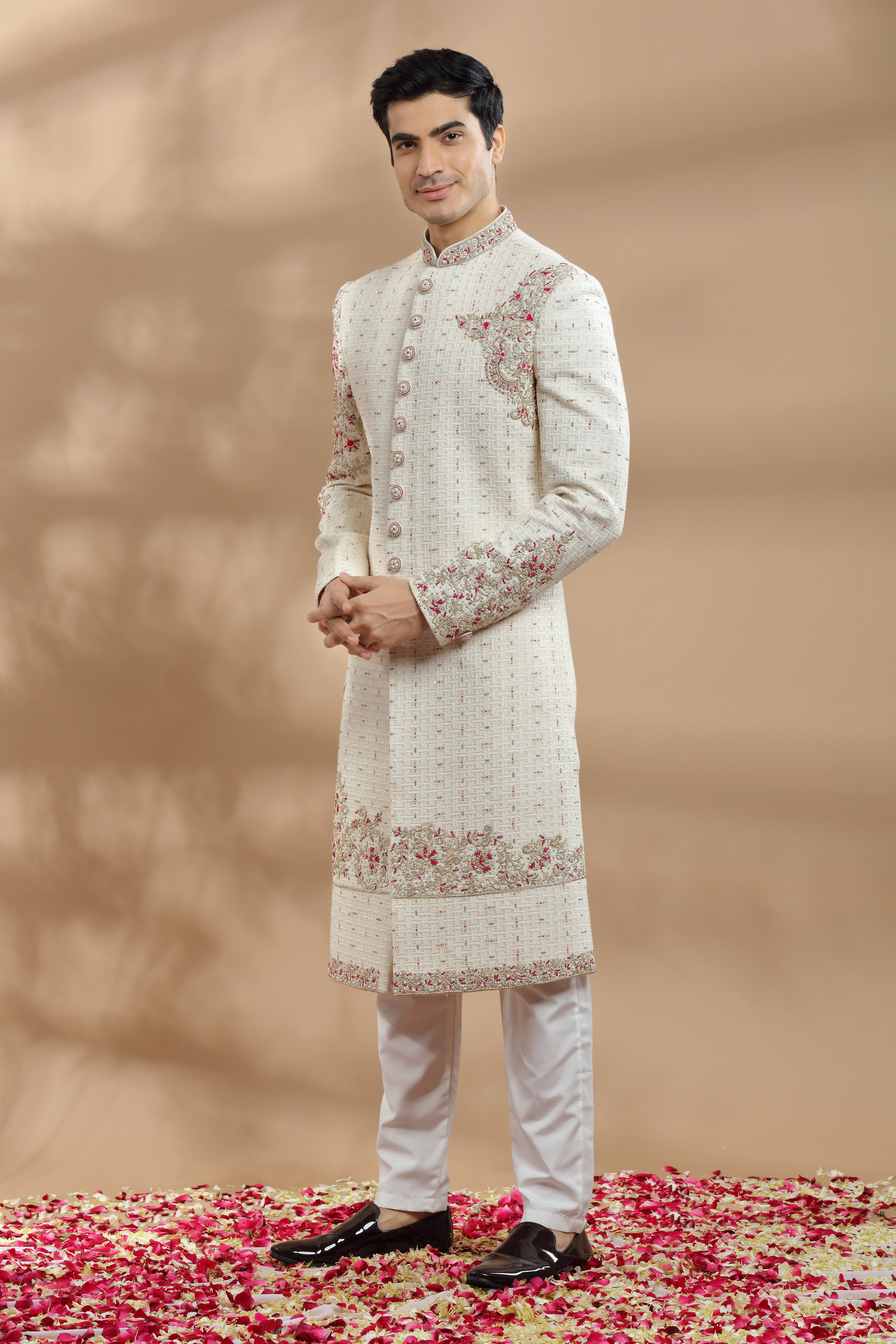Ivory Hand-Embroidered Silk Sherwani (2-Piece) - Image 2