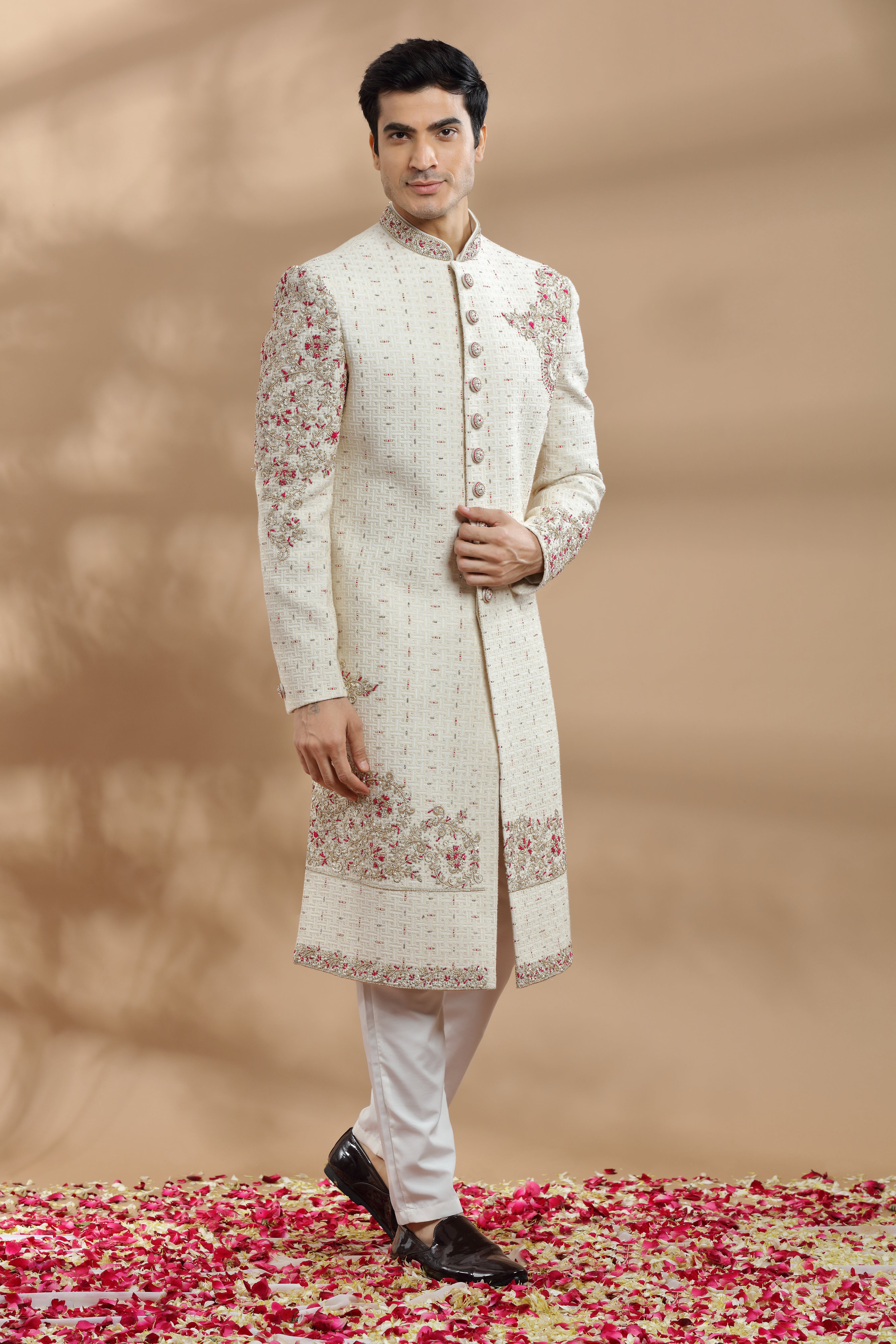 Ivory Hand-Embroidered Silk Sherwani (2-Piece) - Image 3