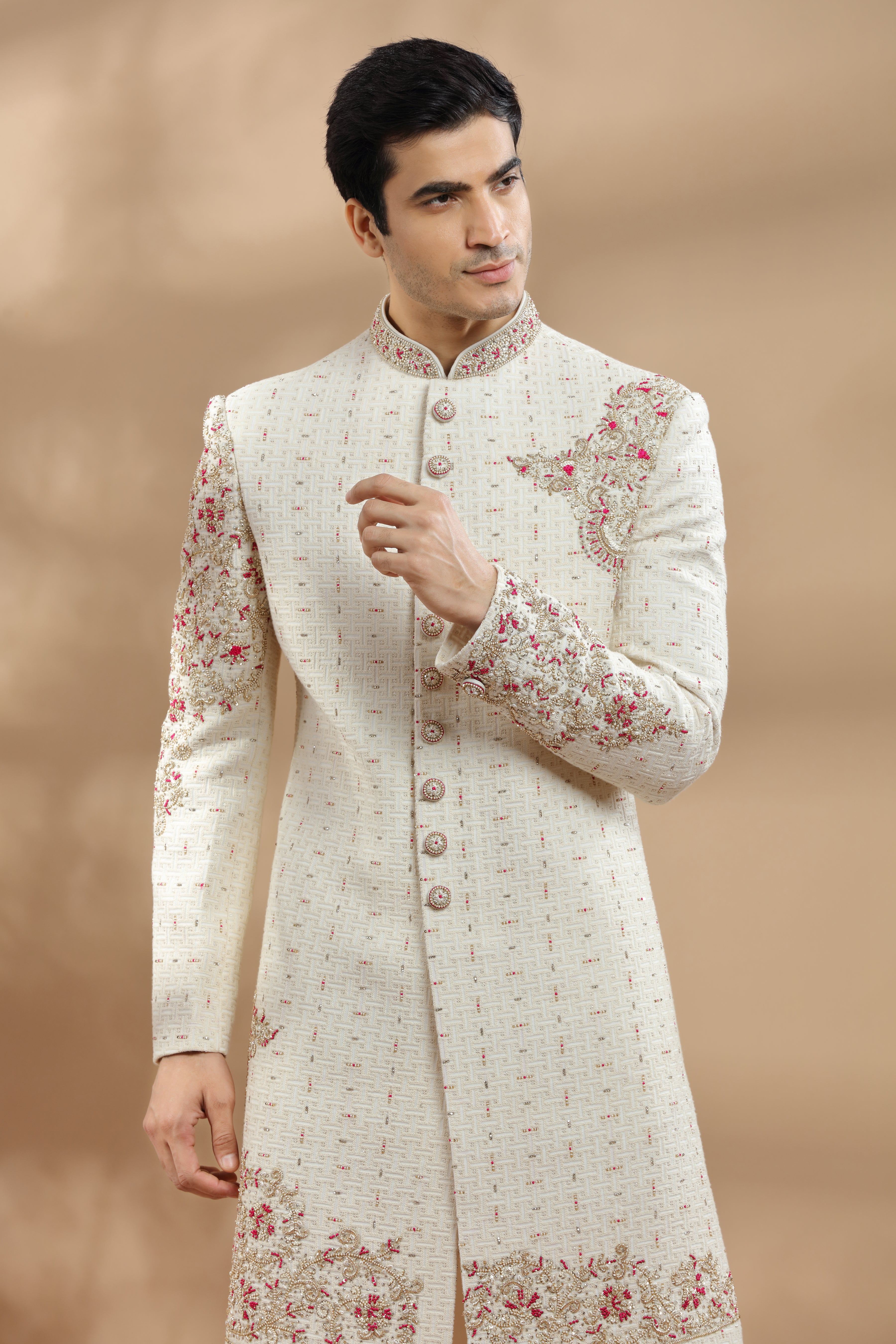 Ivory Hand-Embroidered Silk Sherwani (2-Piece) - Image 4