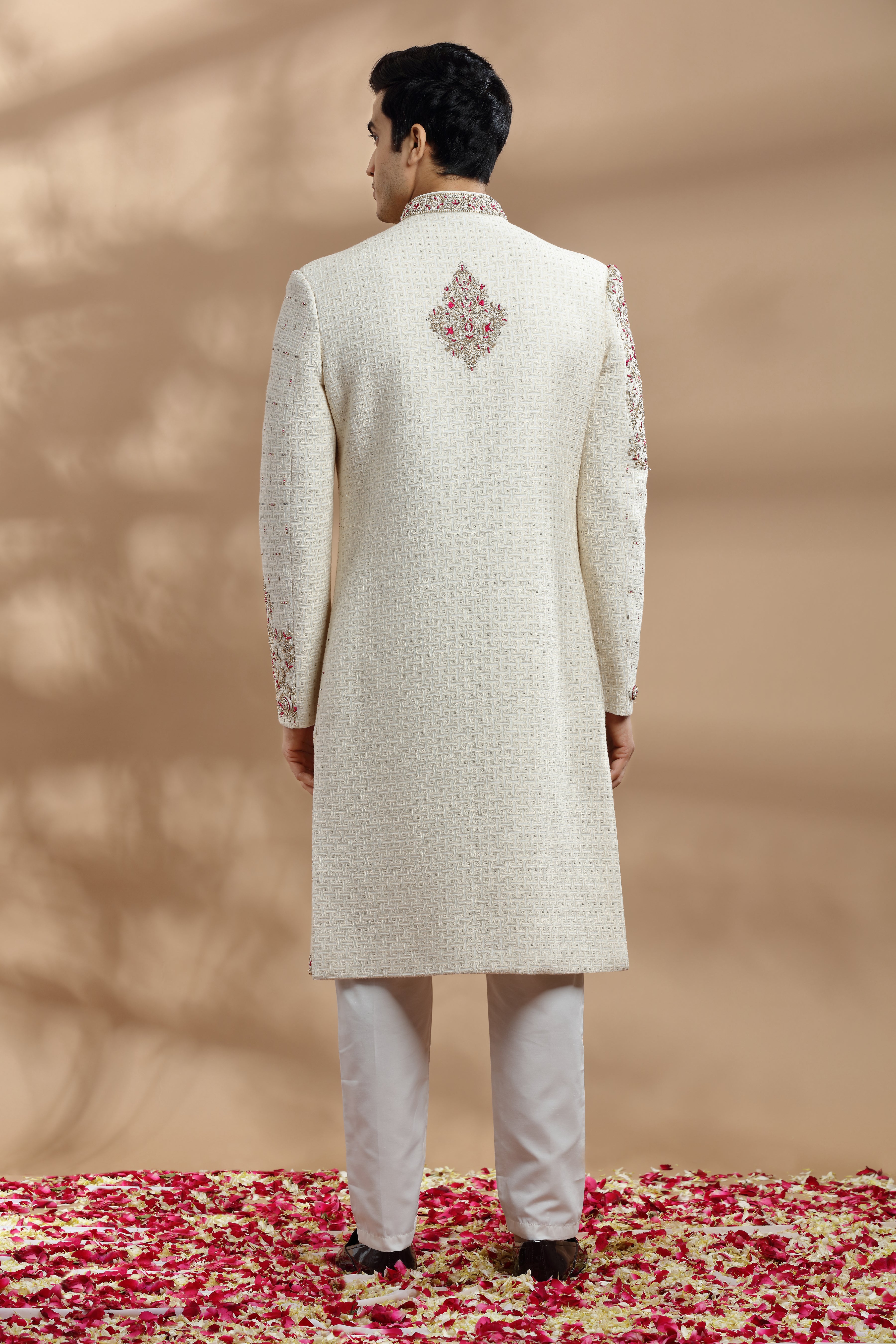 Ivory Hand-Embroidered Silk Sherwani (2-Piece) - Image 5