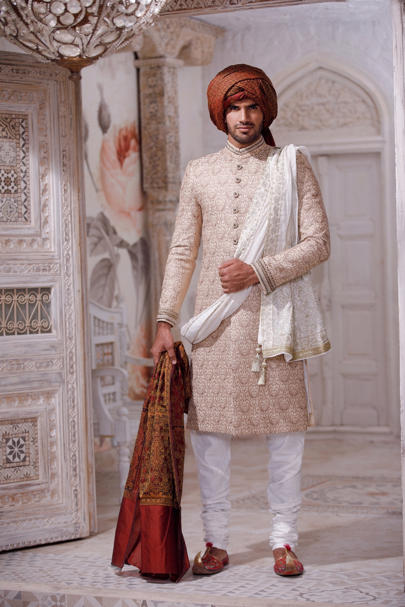 Ivory White Jacquard Groom Sherwani (4-Piece) - Image 1
